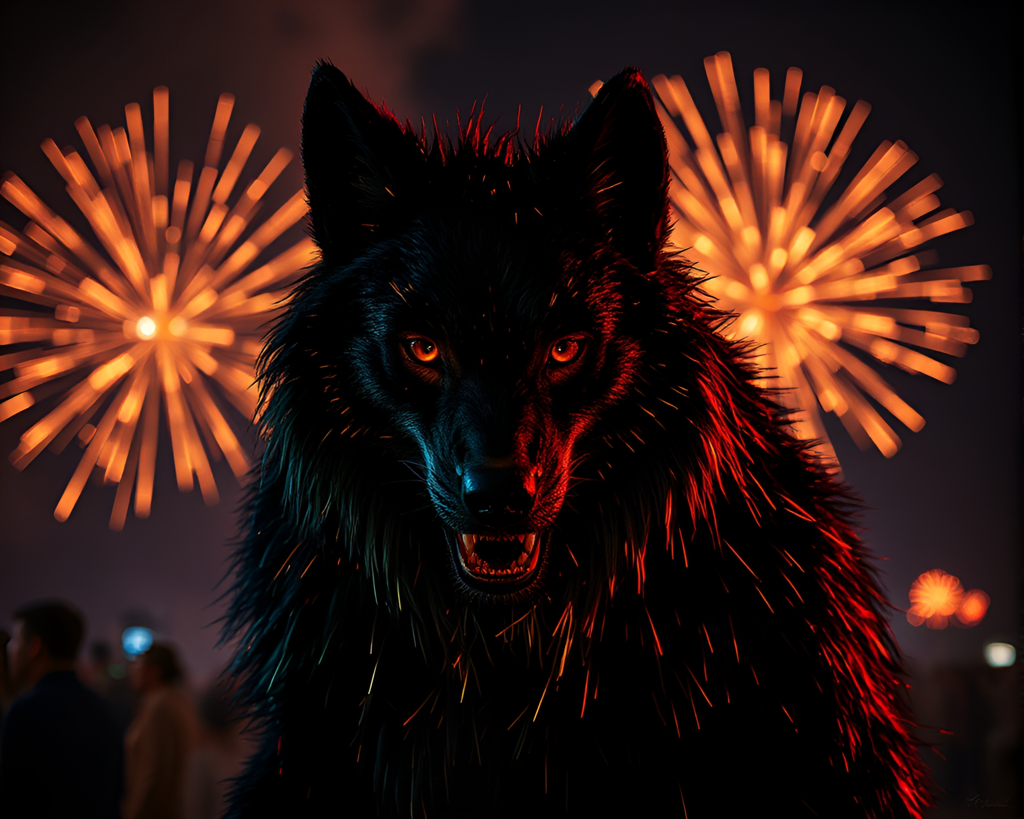 Glowing Festival Fireworks Illuminate Metallic Werewolf Scratches – free AI stock image
