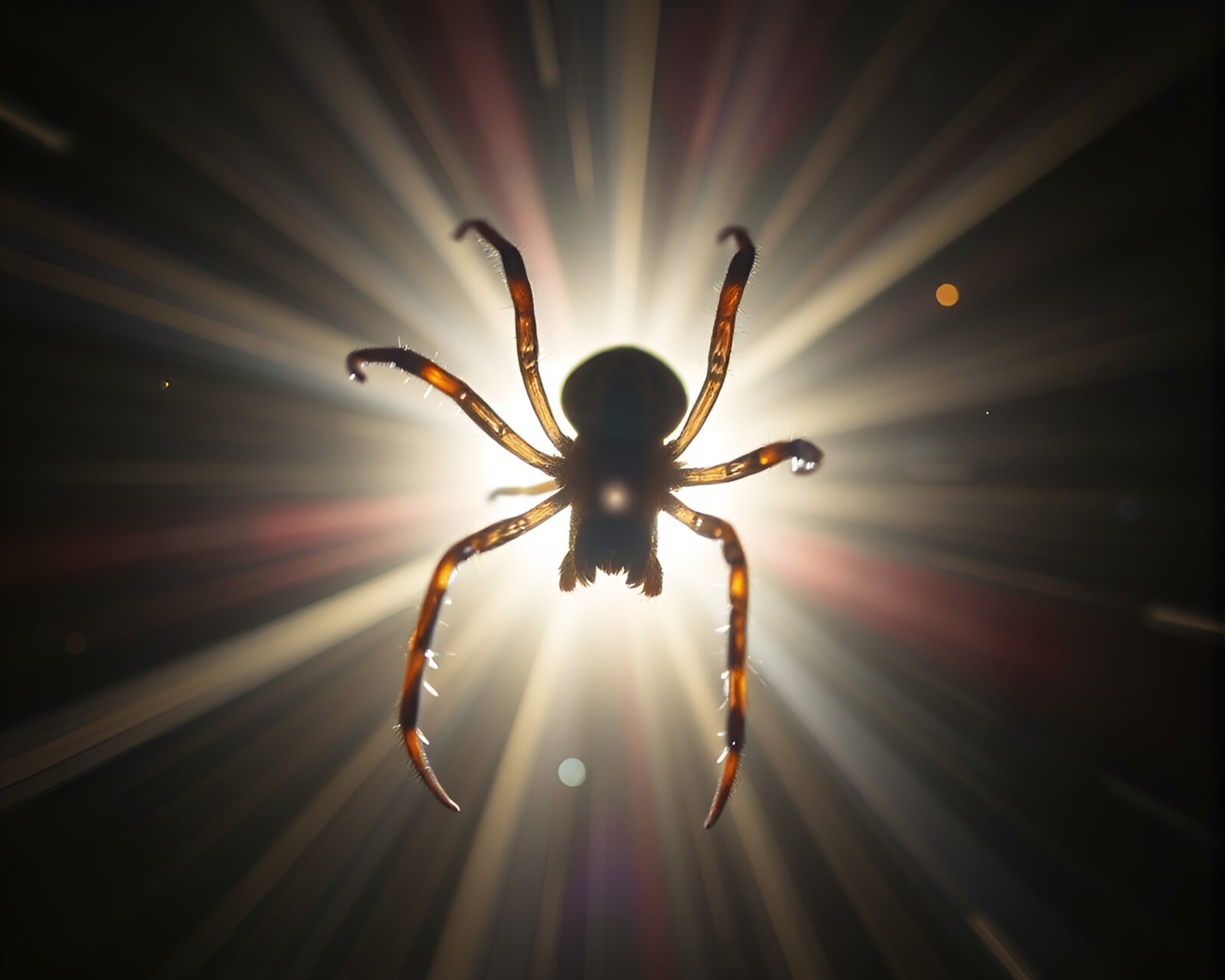 Glowing sun rays reveal metallic spider in darkness