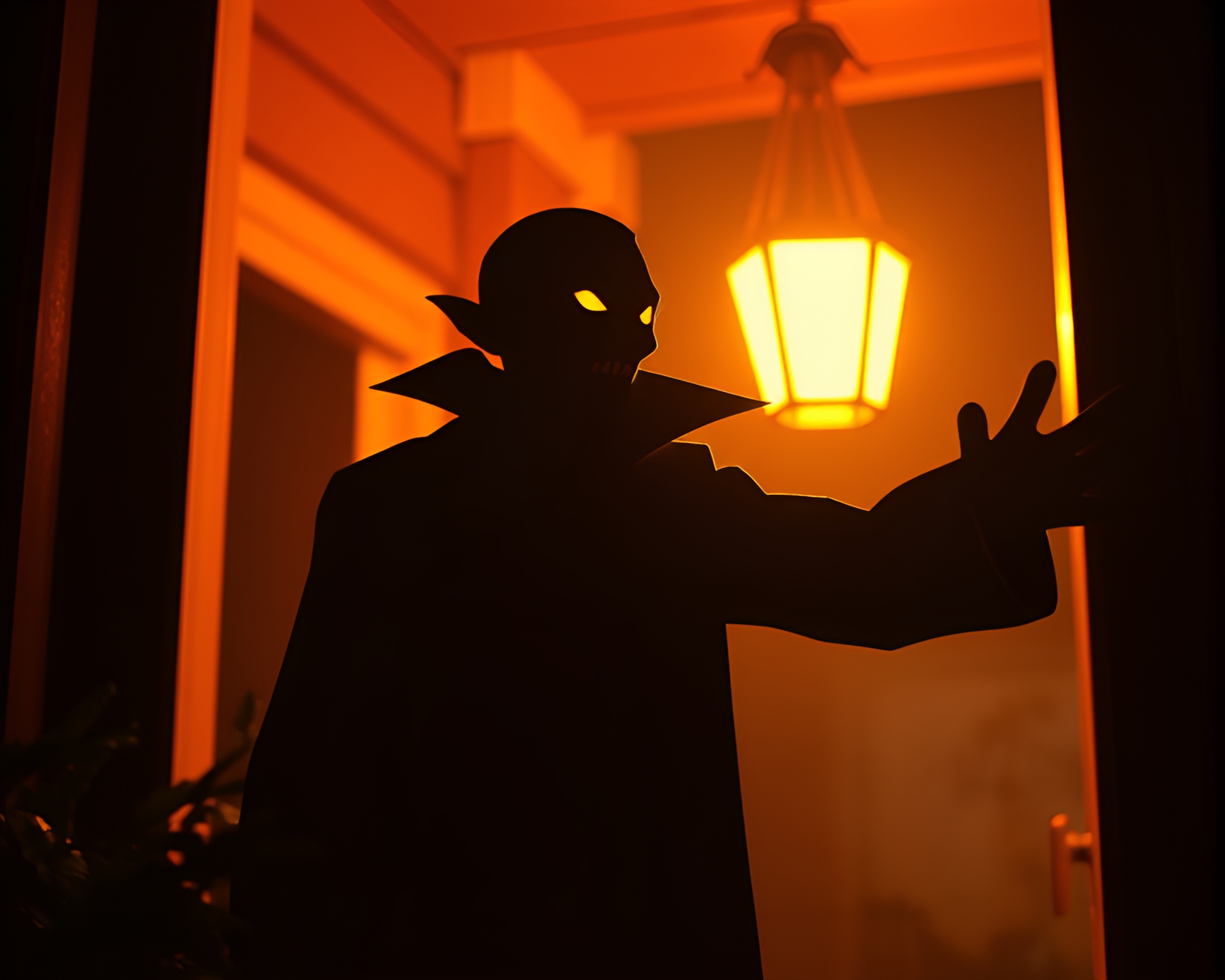 Enchanting Vampire Portrait in Warm Porchlight Glow – free AI stock image