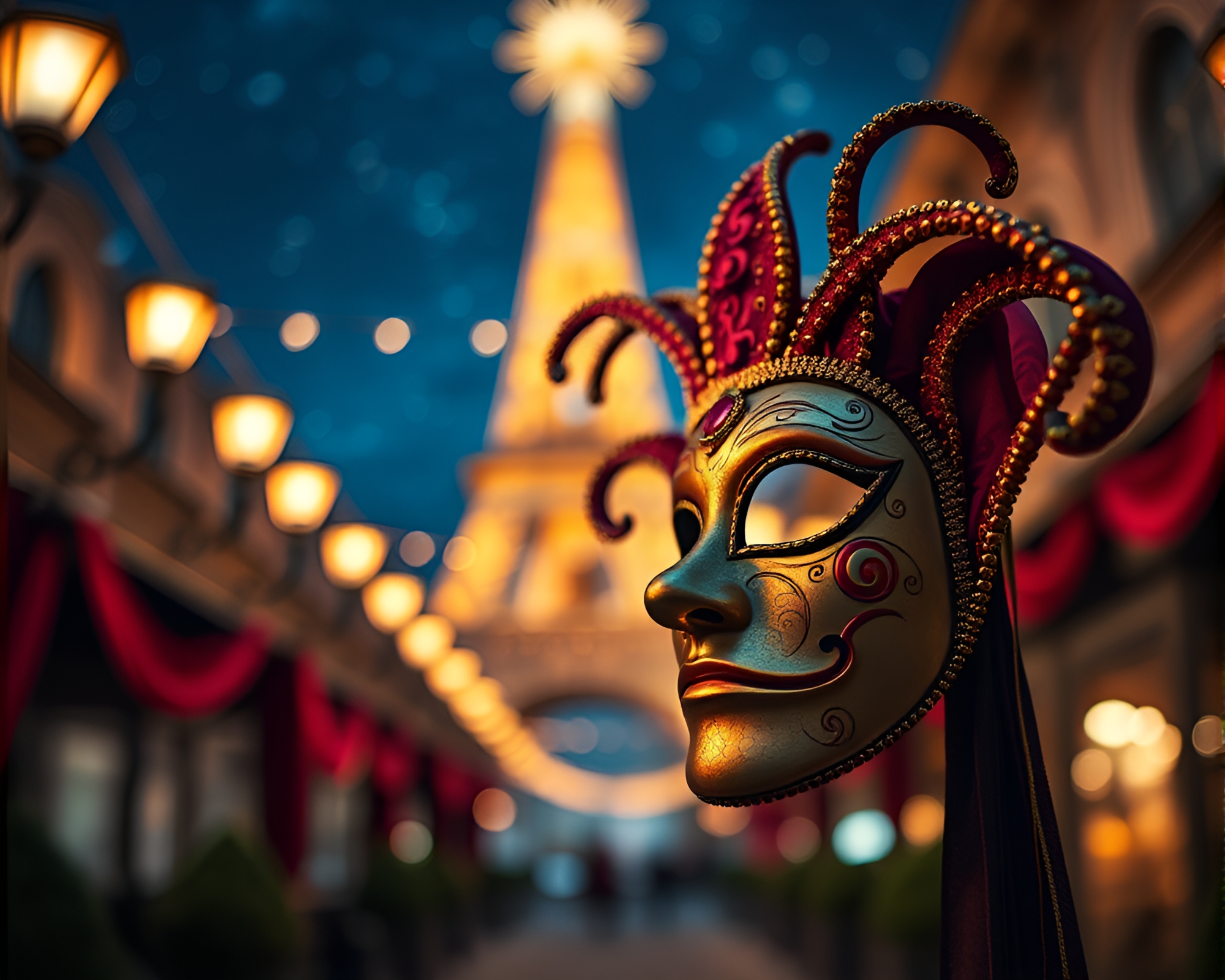 Exquisite Venetian Mask Under Starlit Tilt-Shift Sky – free AI stock image