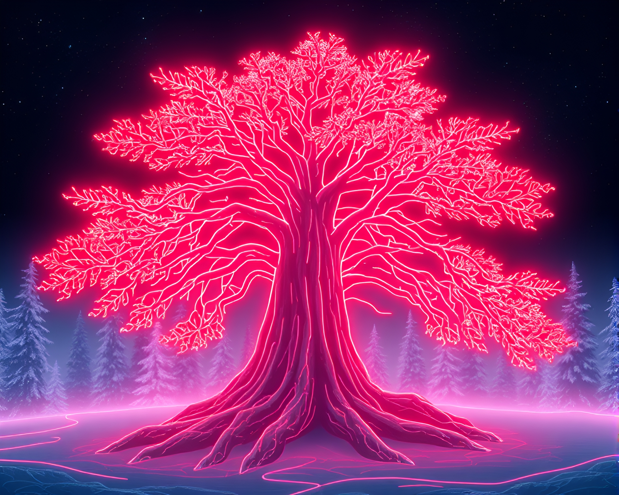 Neon Wireframe Redwood Tree in Antarctic Whiteout – free AI stock image