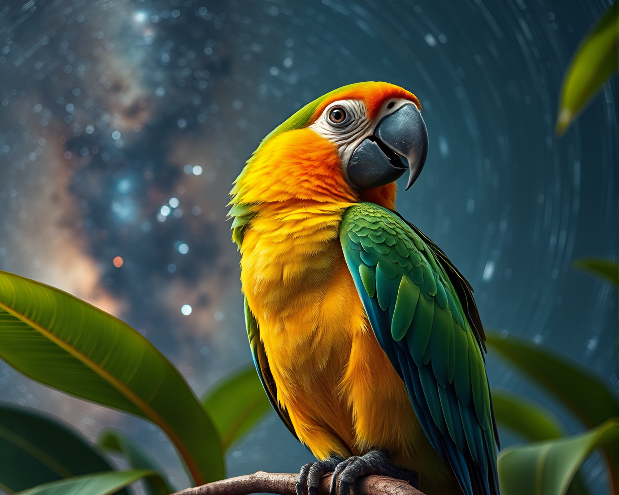 Tropical Parrot Gazing at Milky Way in Night Sky – free AI stock image