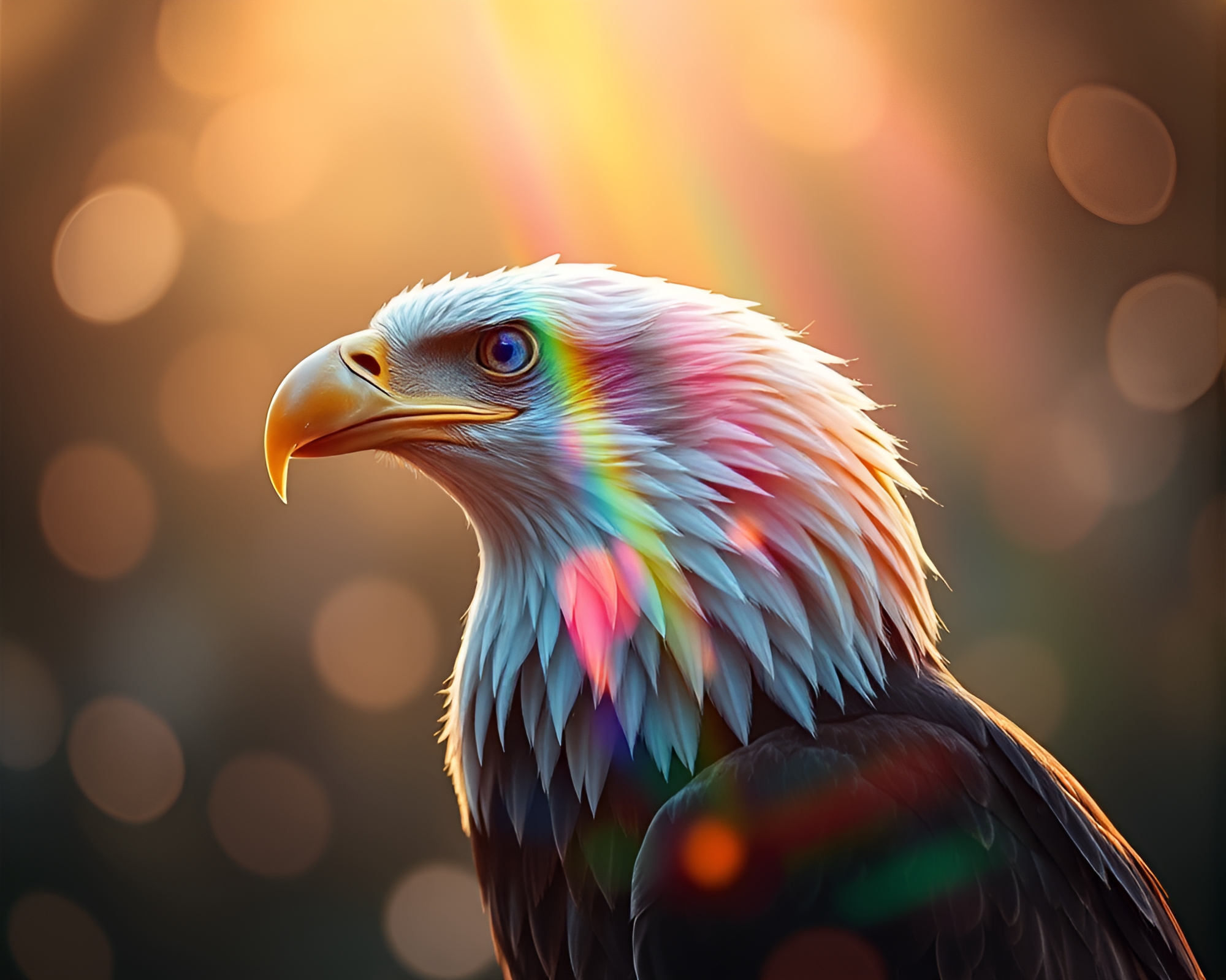 Eagle soaring through rainbow bokeh lights – free AI stock image