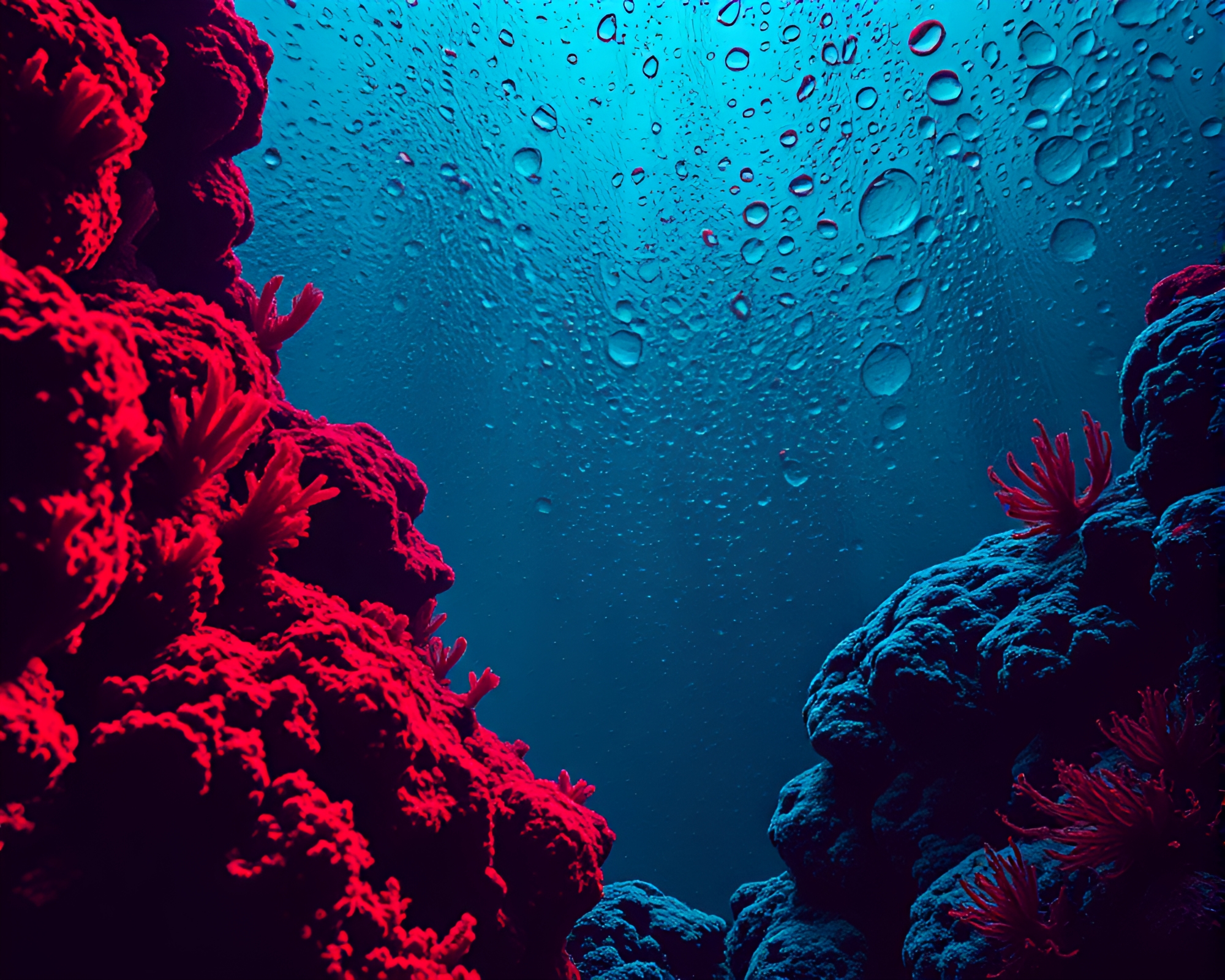 Neon Reef Exploration in Red-Blue Duotone – free AI stock image