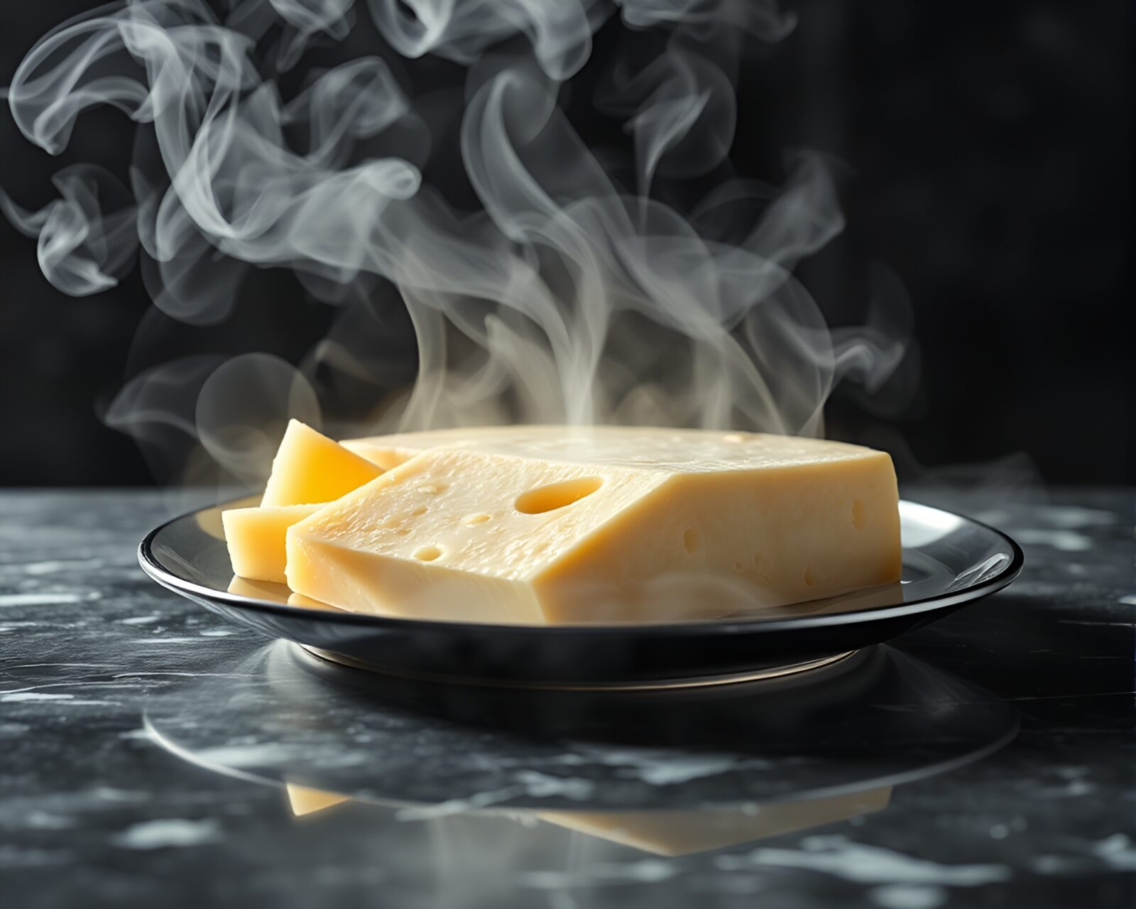 Steam rising from a decadent cheese platter with shiny highlights