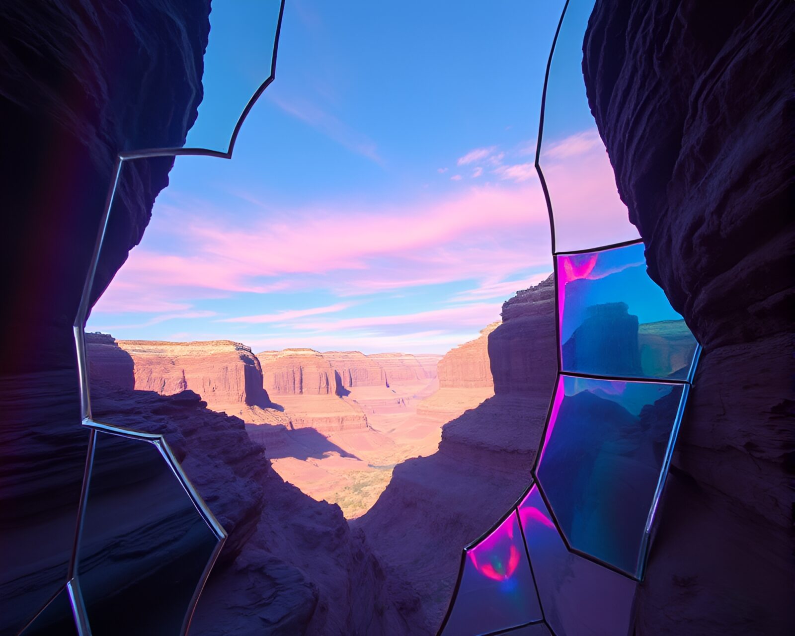 Colorful spectrum reflecting through shattered glass in rocky terrain