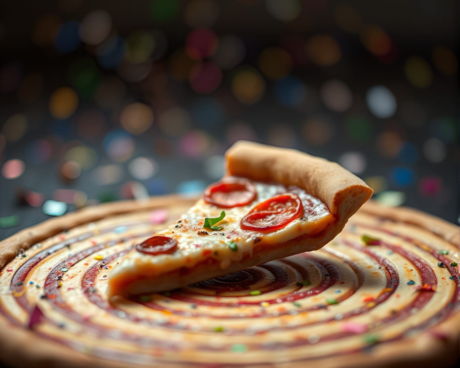 Colorful concentric circles with confetti pizza slice tilt-shifted miniature