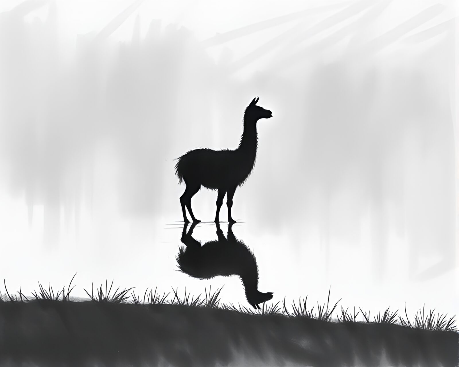 Monochrome blue llama reflection in charcoal silhouette