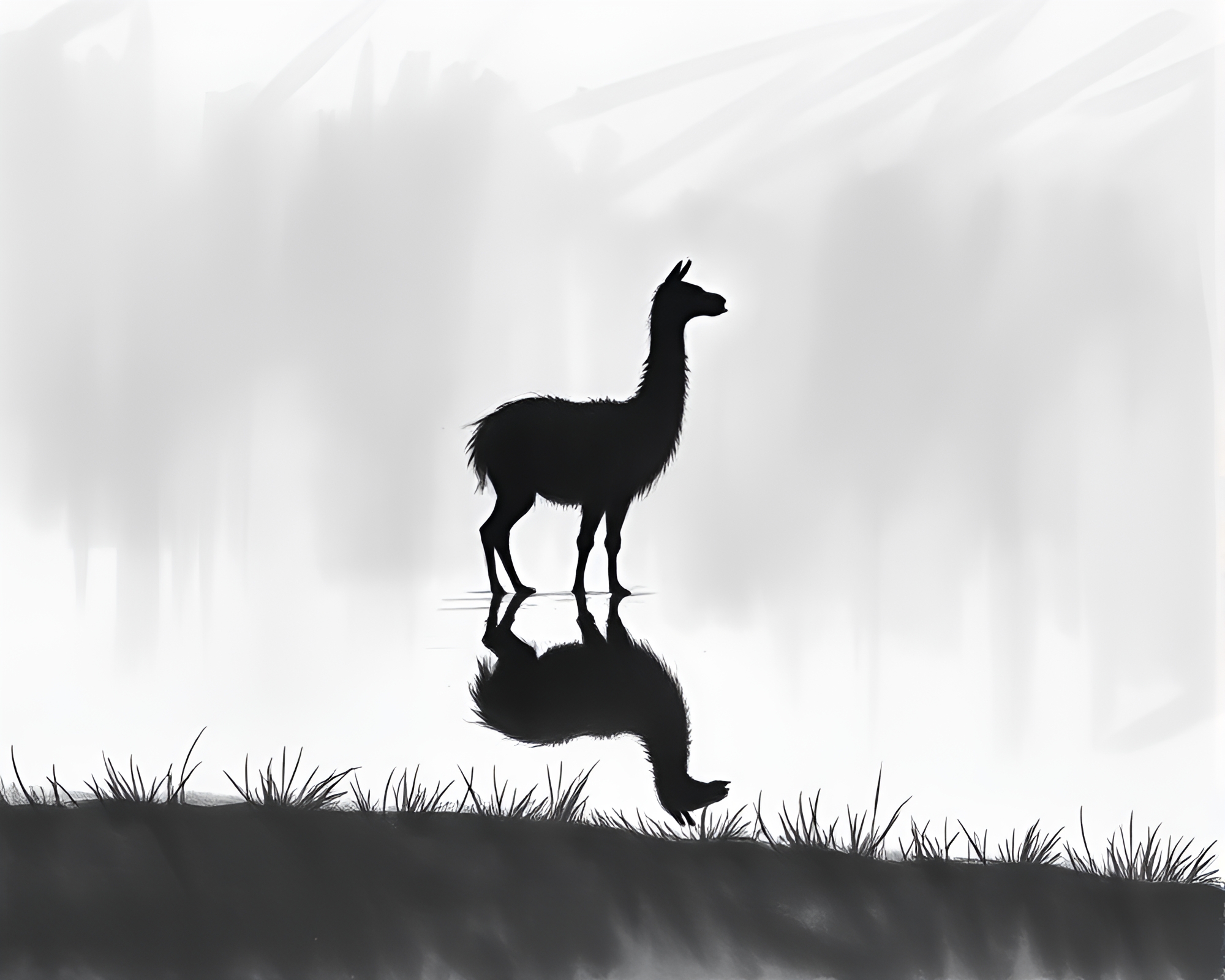 Llama Silhouette in Charcoal Sketch with Blue Reflection – free AI stock image