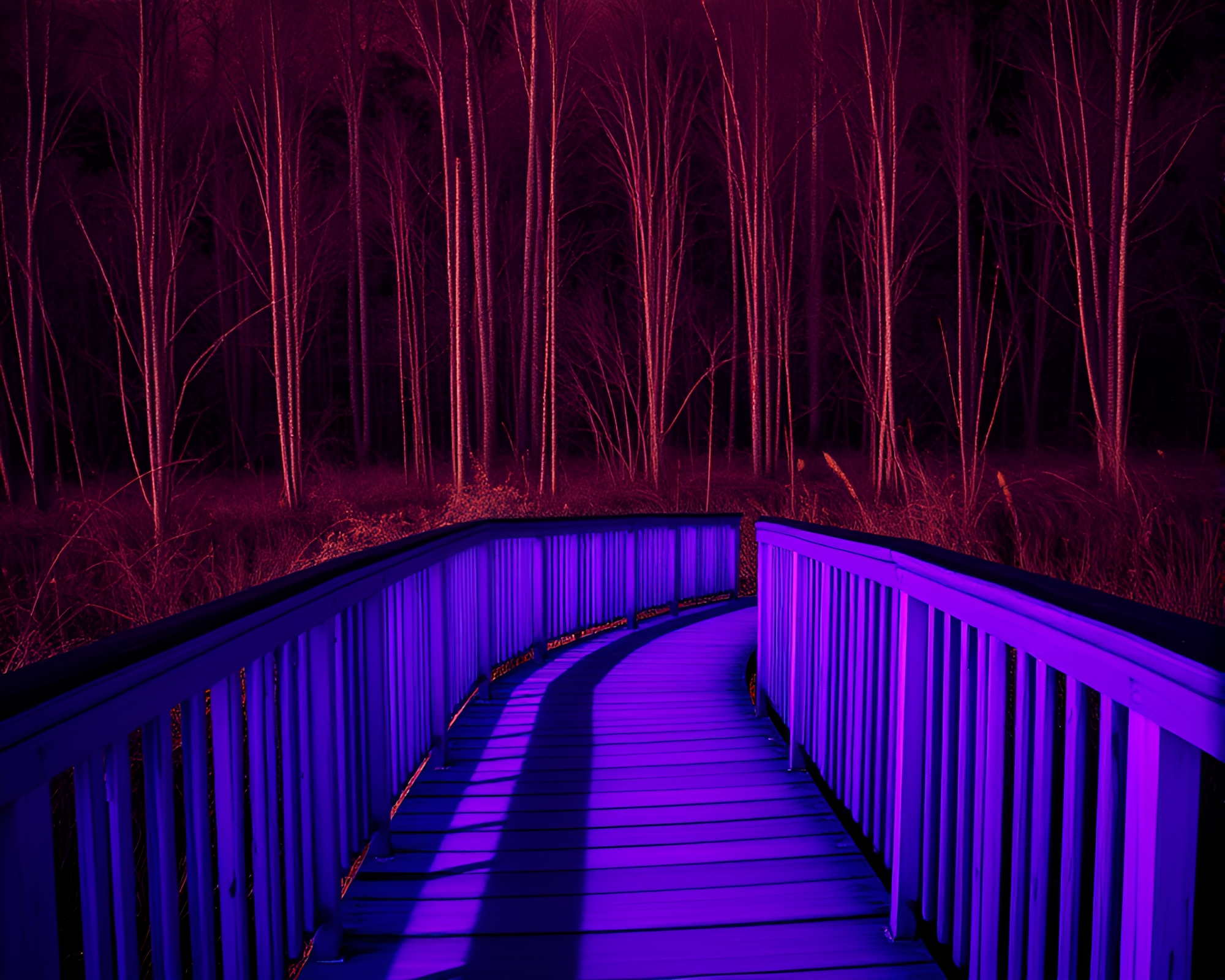 Spiral Wooden Bridge Bathed in Ultraviolet Glow – free AI stock image