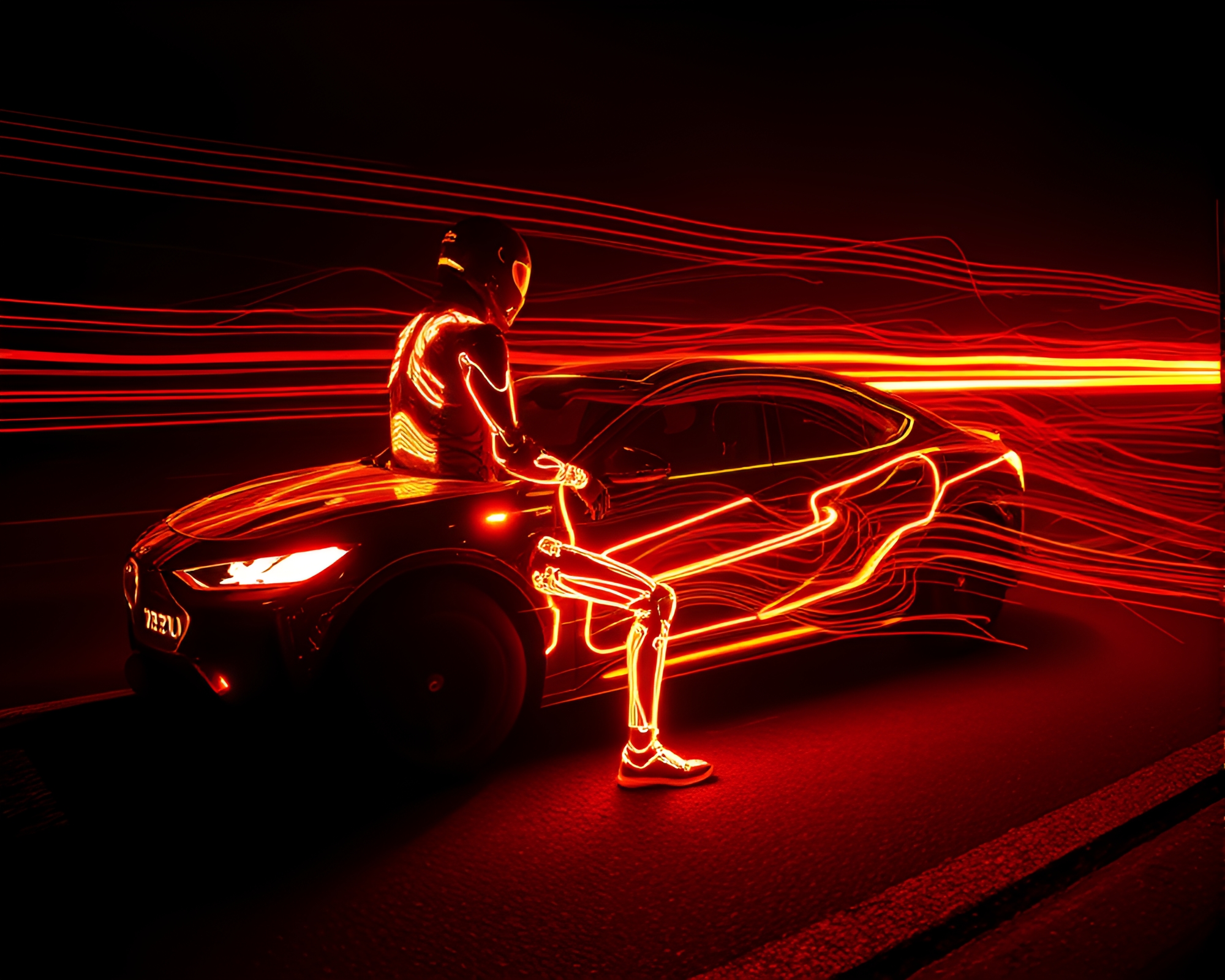 Futuristic Exoskeleton Suit Car Light Trails Composition – free AI stock image