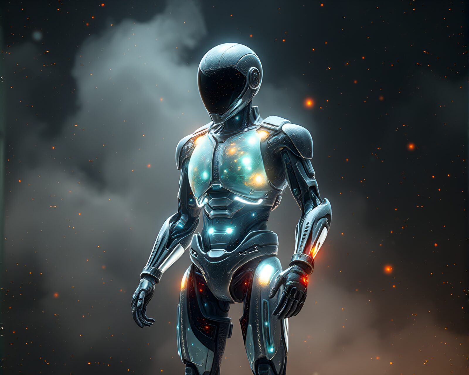 Off-center exoskeleton suit with cosmic dust particles
