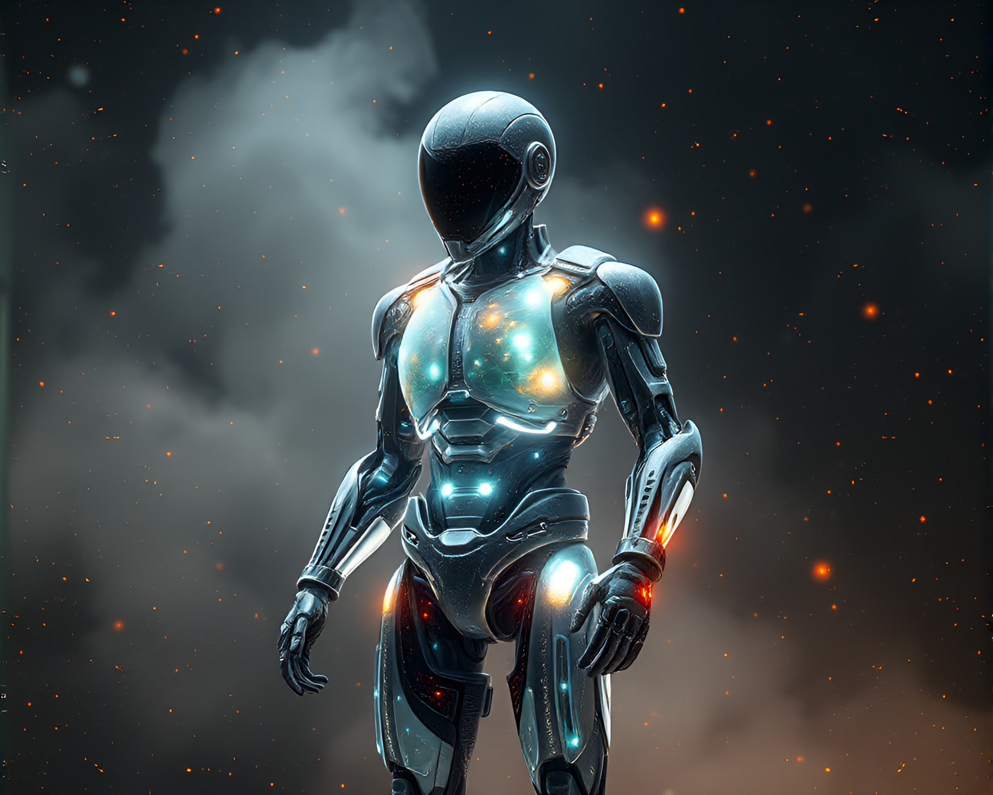 Cosmic exoskeleton suit surrounded by swirling particles – free AI stock image