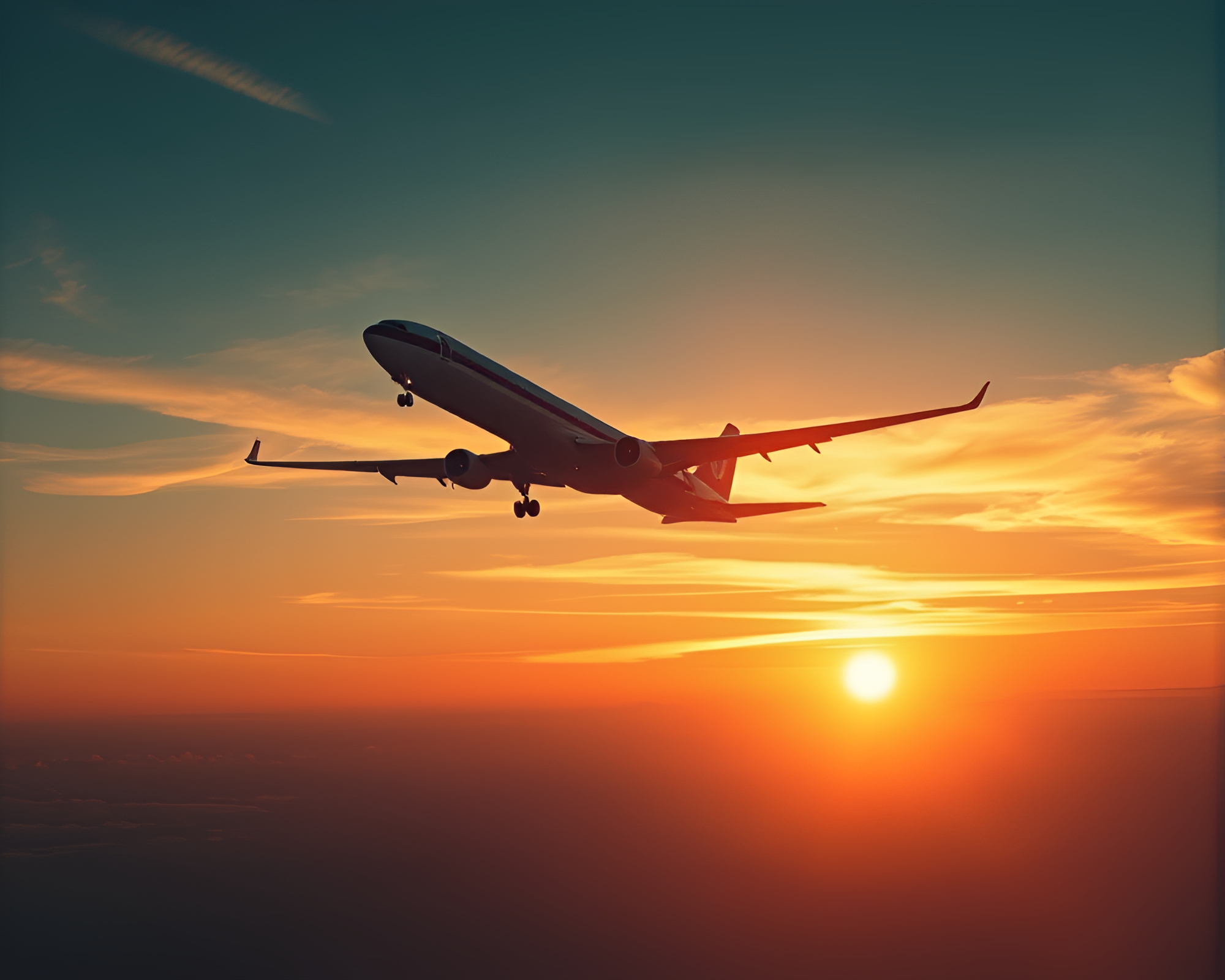 Futuristic Airplane Takeoff at Golden Hour Dusk – free AI stock image