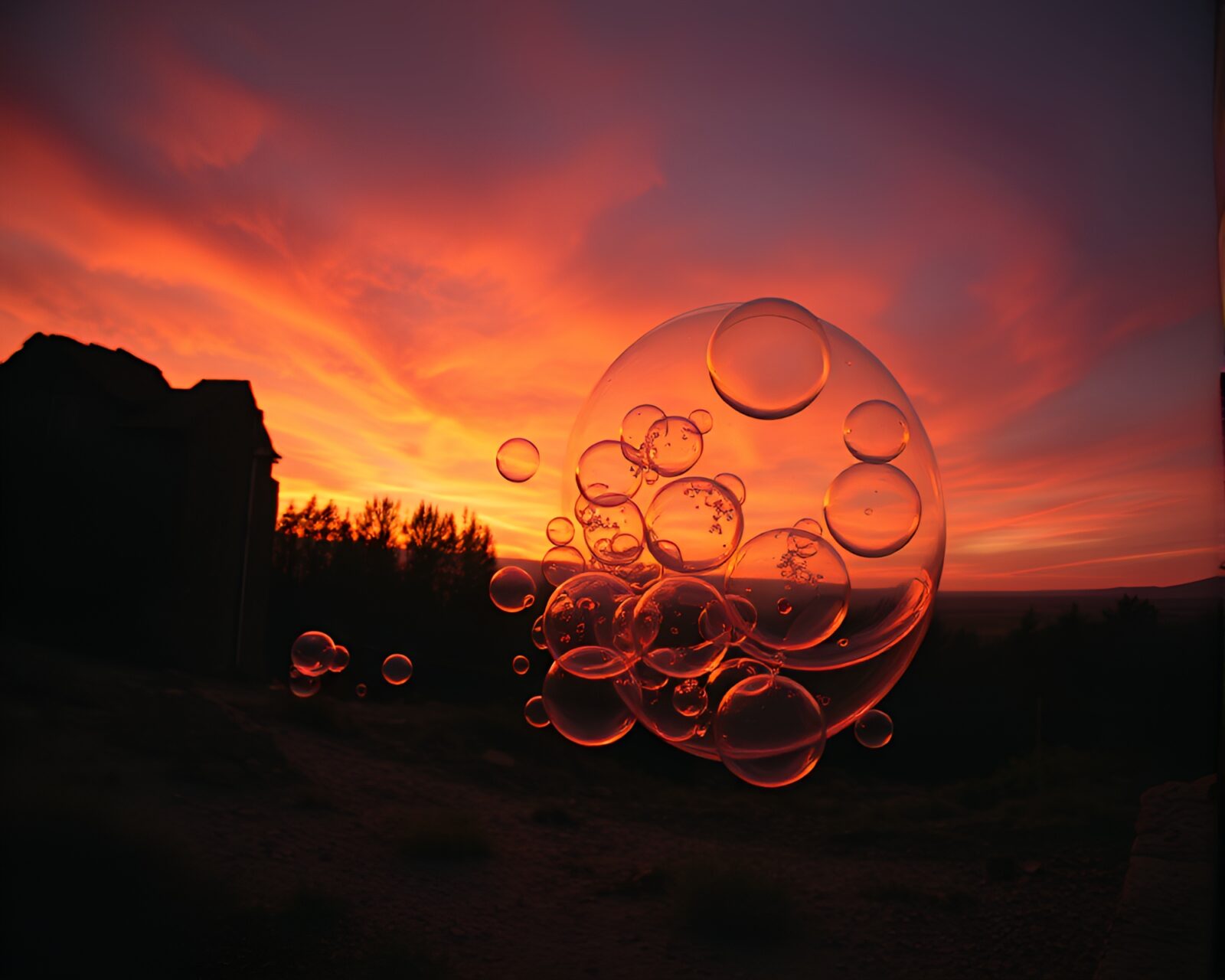 Colorful bubbles exploding as fiery antimatter grenade soars through sunset sky