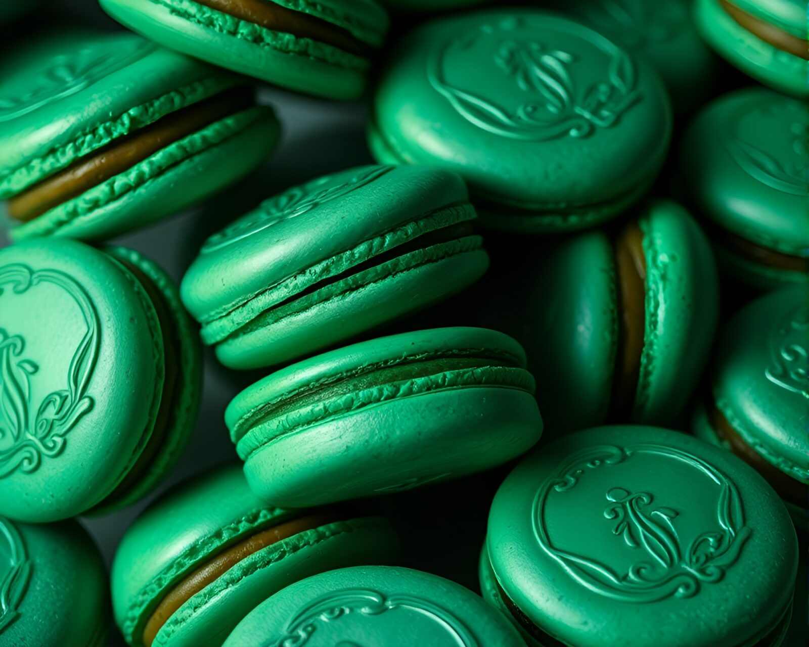 Dramatic lighting showcases an ornate array of macarons