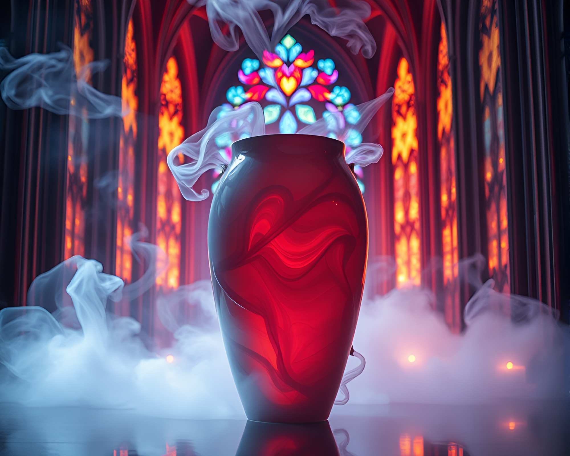 Futuristic Vase with Swirling Smoke Plume in Stained Light – free AI stock image