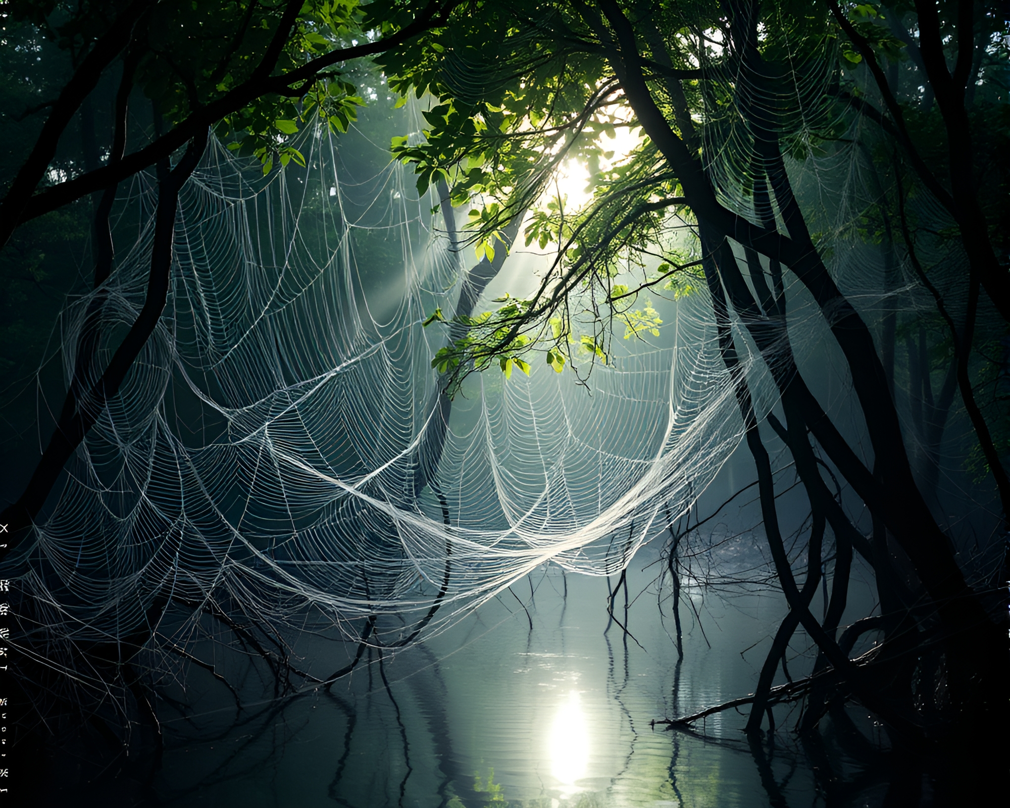 Mystical Mangrove: Pixelated Light in Photocollage Cobweb Maze – free AI stock image