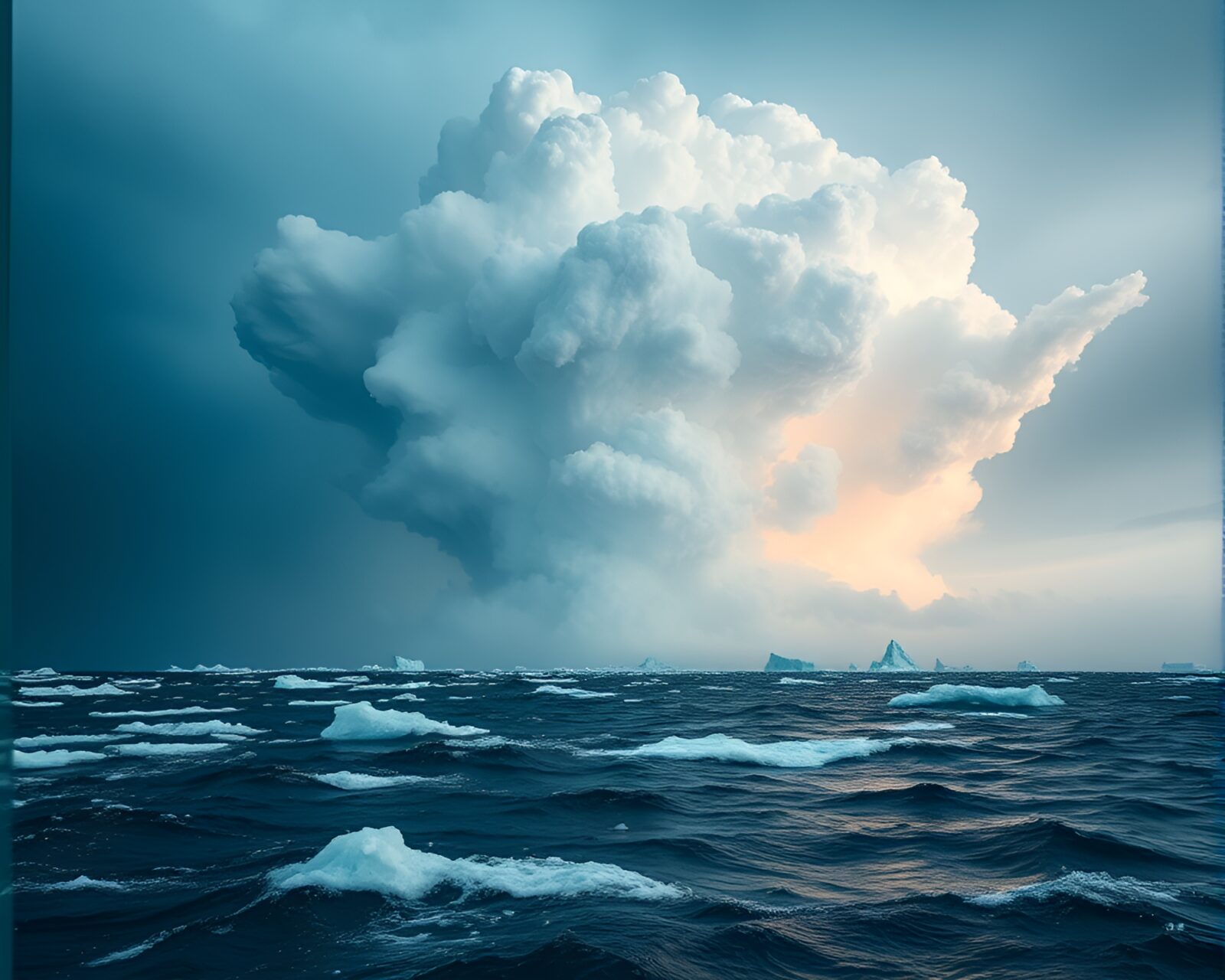 Fierce thunderstorm with explosion cloud and whiteout over icy ocean