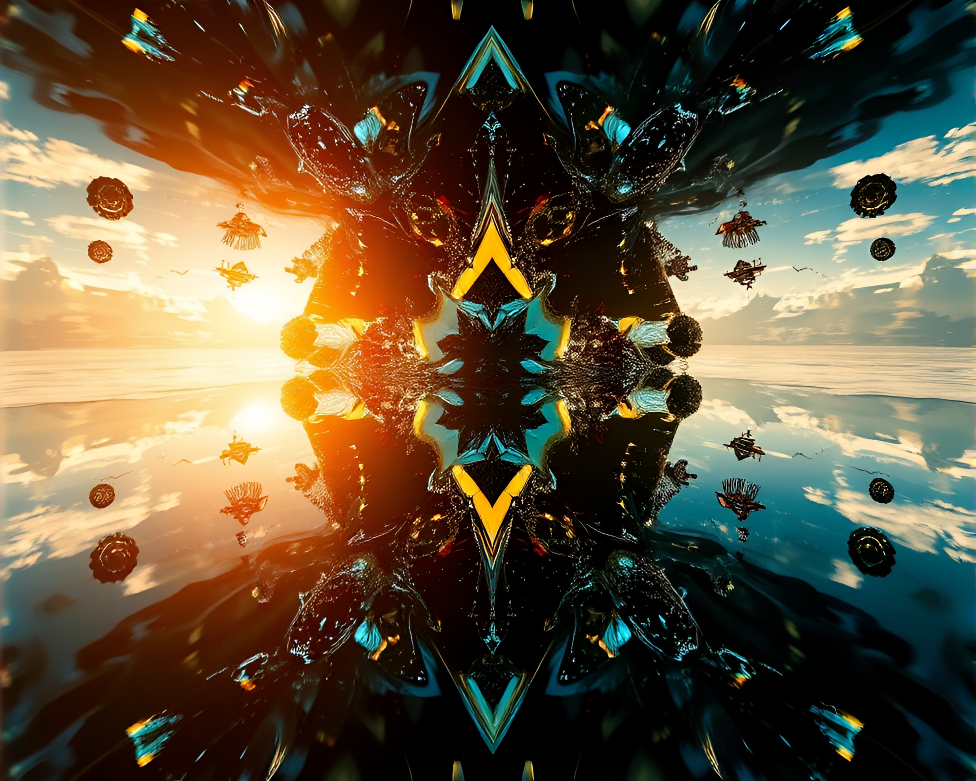Floating Crystal Symmetry in Midday Fractals – free AI stock image