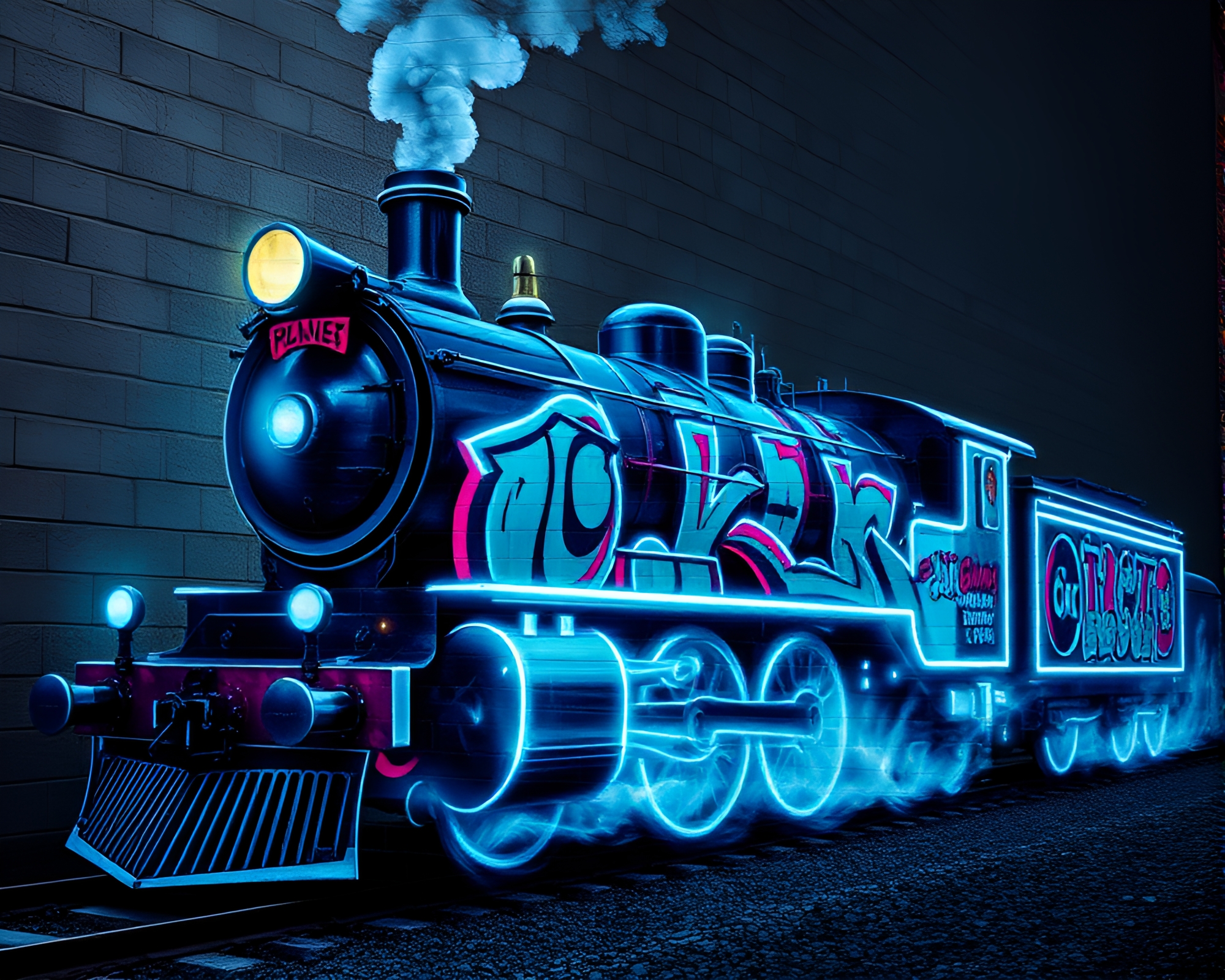 Phosphorescent Steam Locomotive Mural Graffiti – free AI stock image