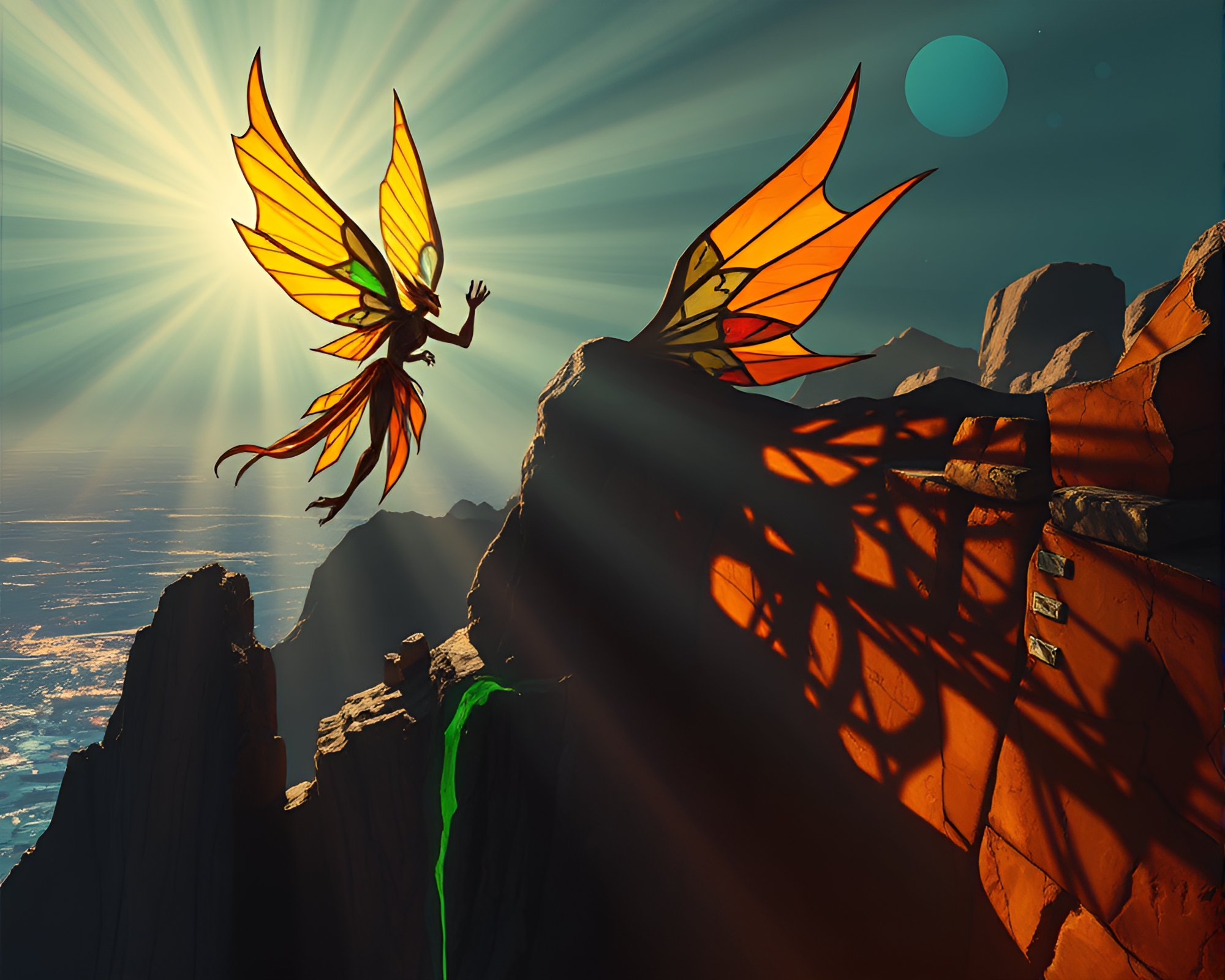 Djinn emerging from vibrant stained glass cliffside – free AI stock image