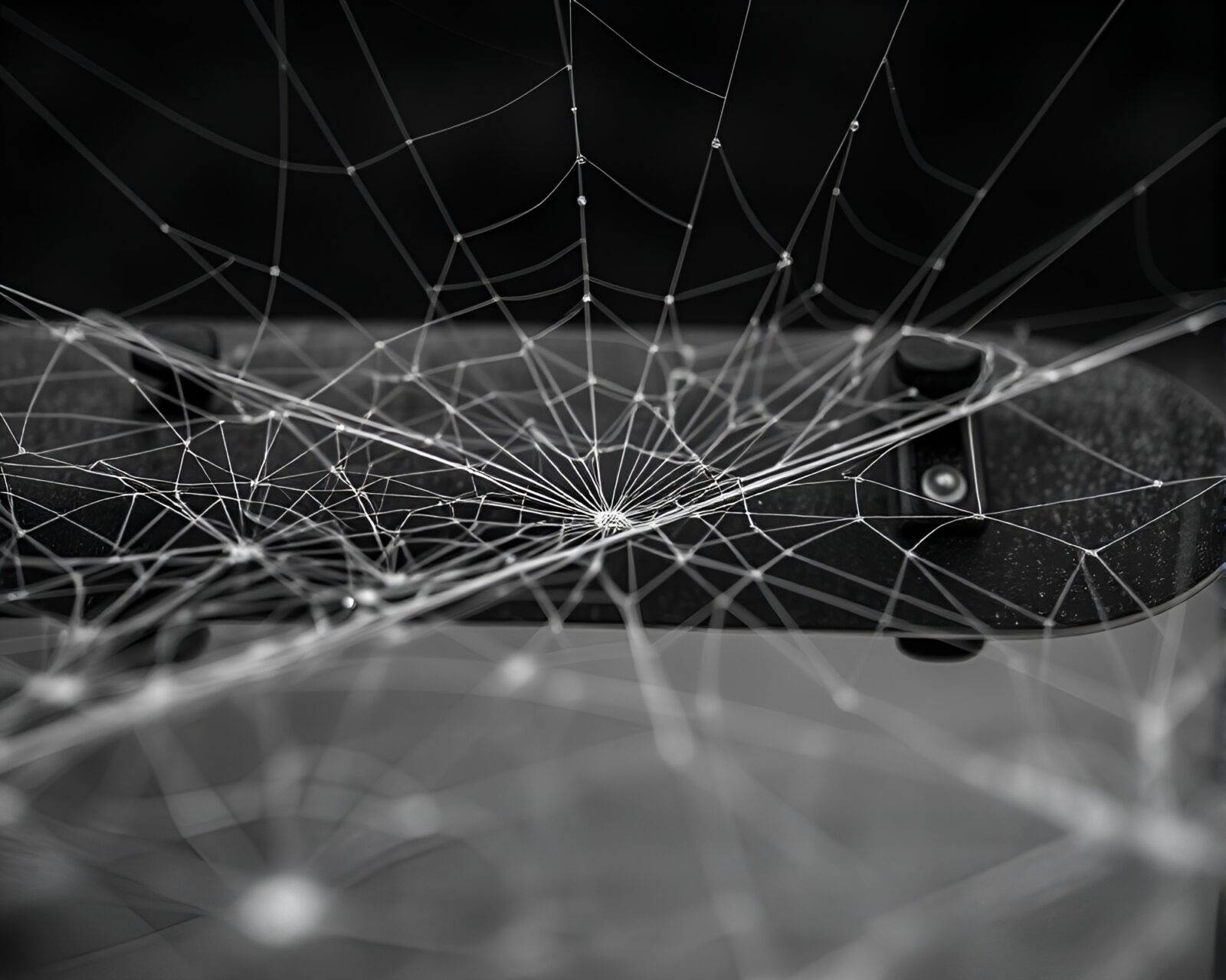Gritty image of skater weaving through intricate cobweb strands