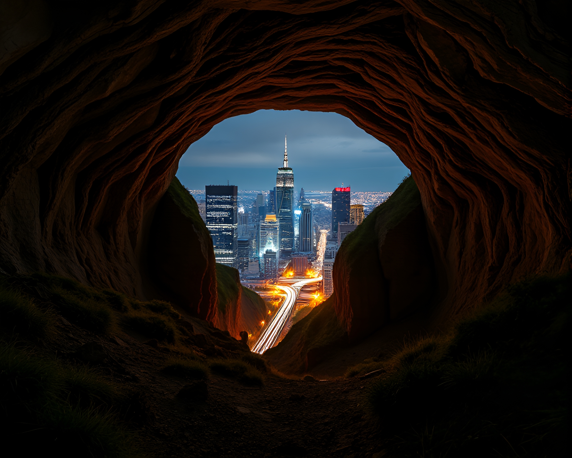 Urban Underground Bunker with Kinetic City Lights Art – free AI stock image
