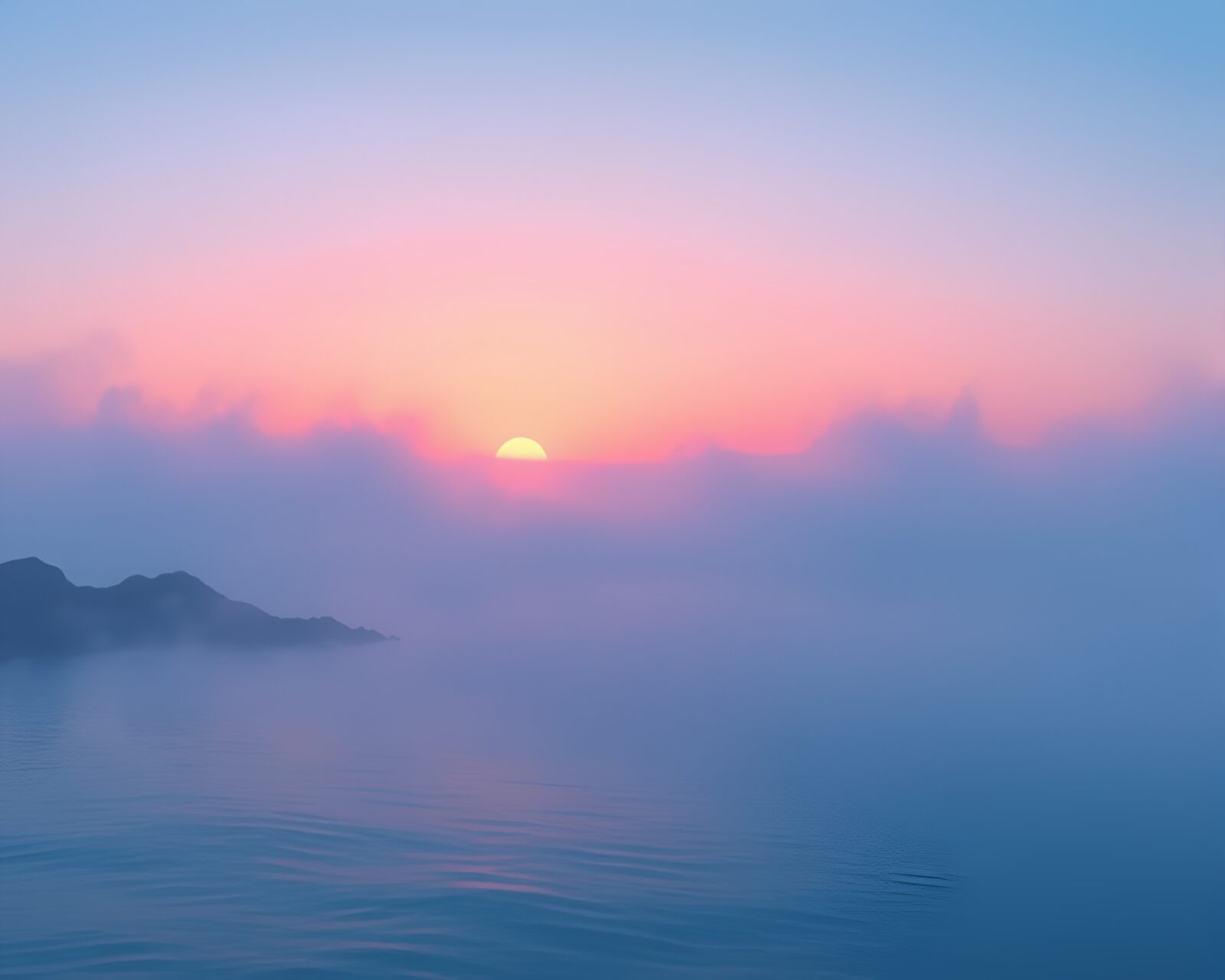 Cartoon vaporwave sunset scene with dreamy ocean-blue fog