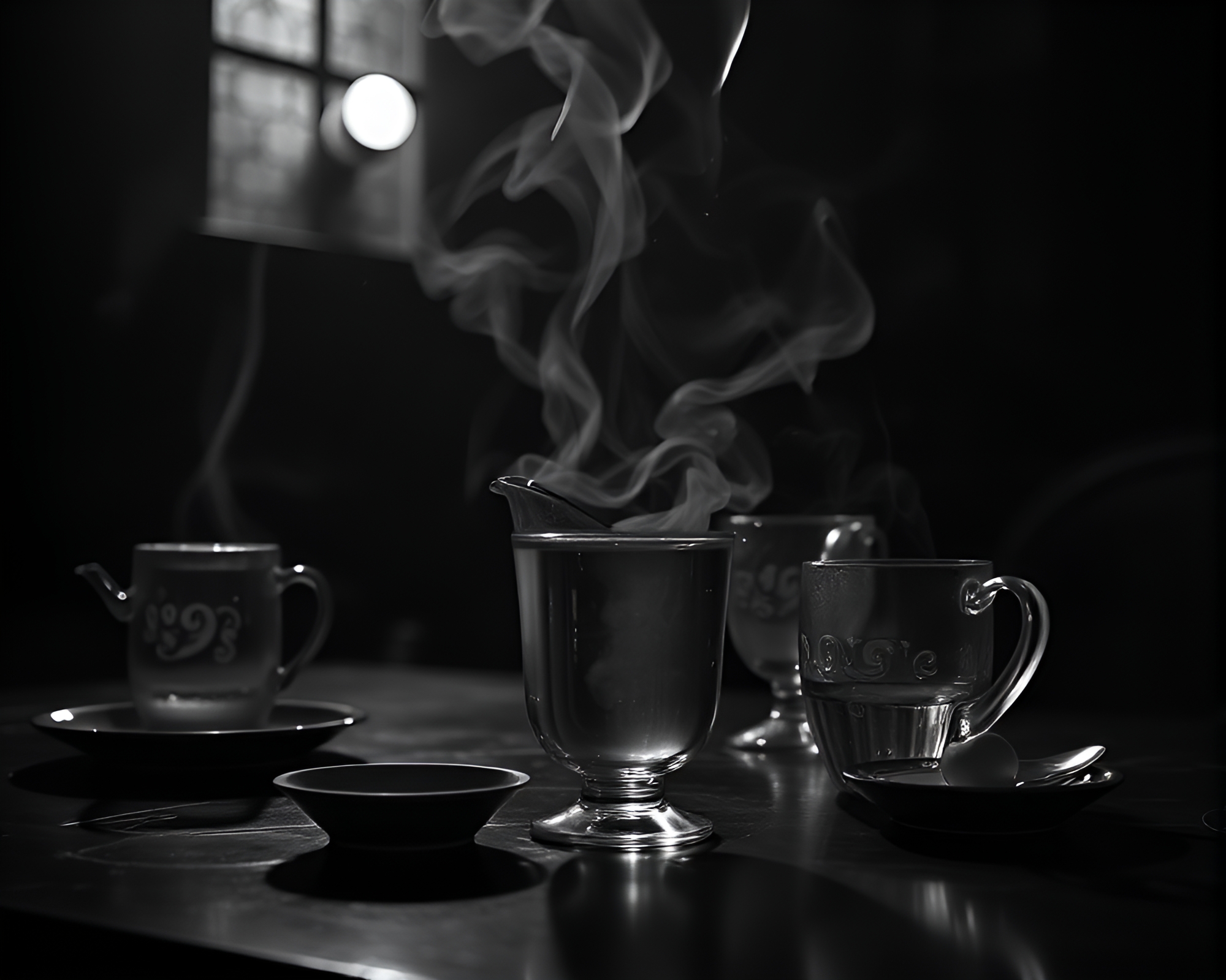 Tea Set in Basement Gloom with Glass Distortion – free AI stock image