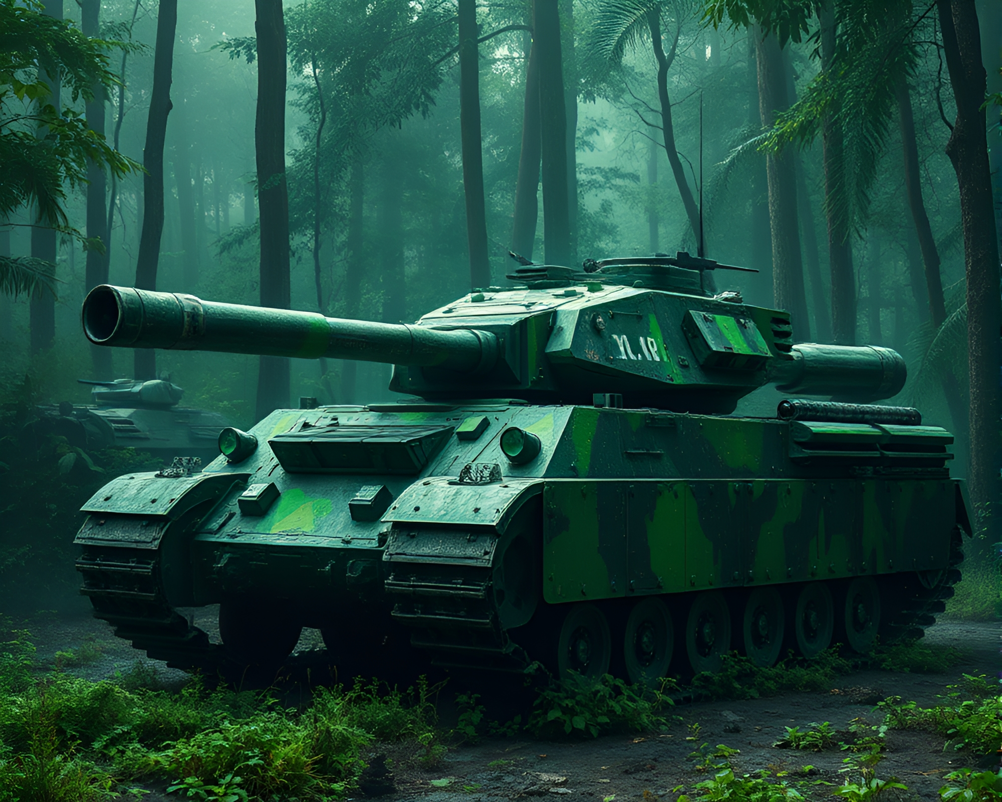 Armored Tank in Lush Green Impasto Rainforest – free AI stock image