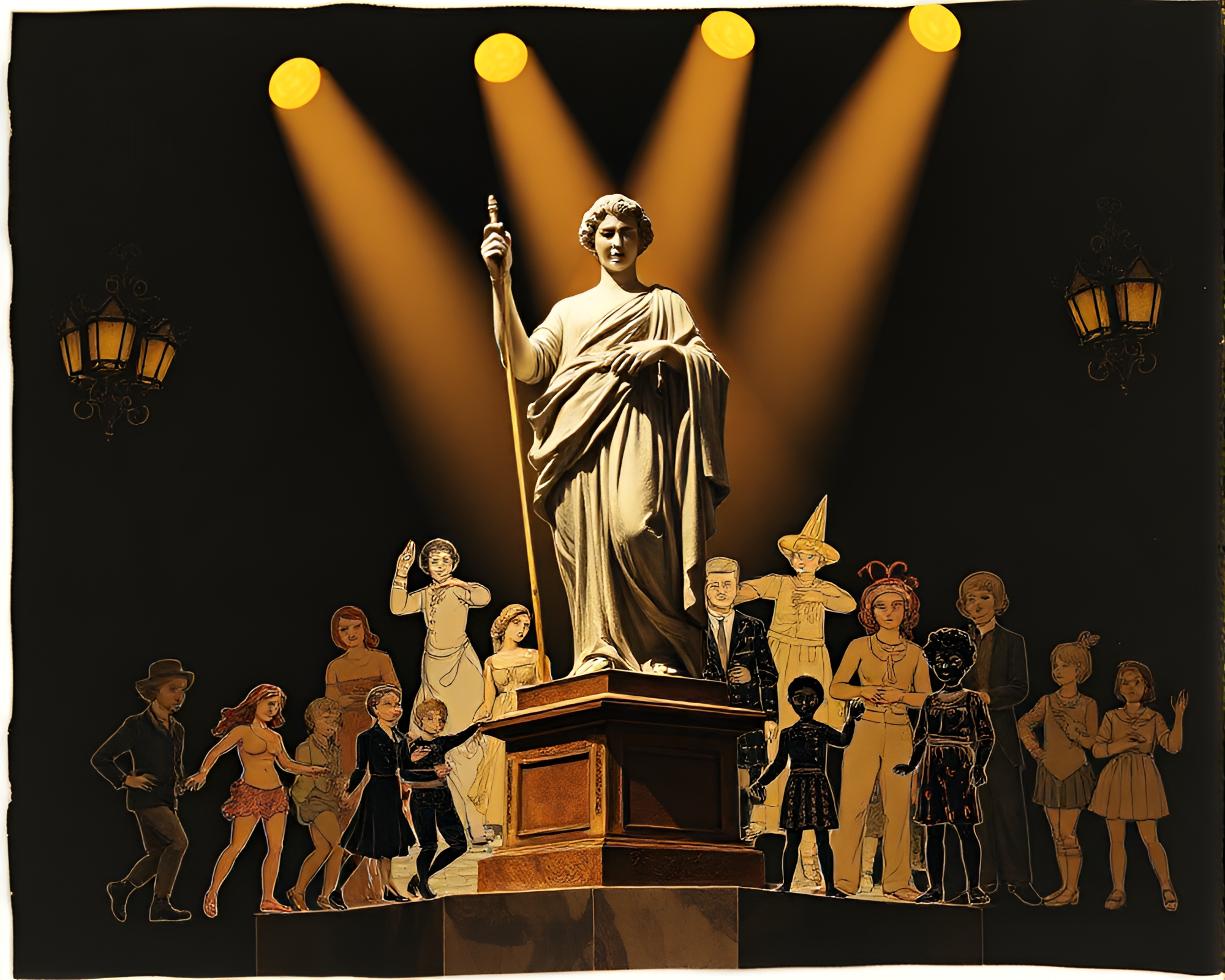 Dadaist Statue Collage with Theatrical Lighting Composition – free AI stock image
