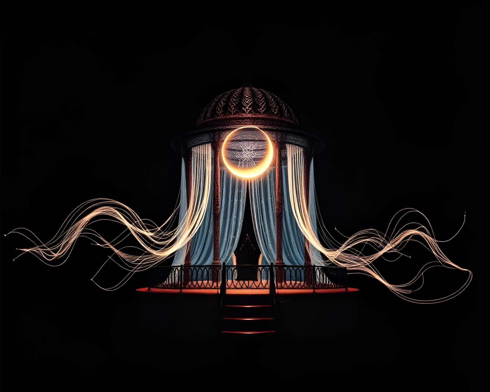 Futuristic floating structure in shadowy eclipse light