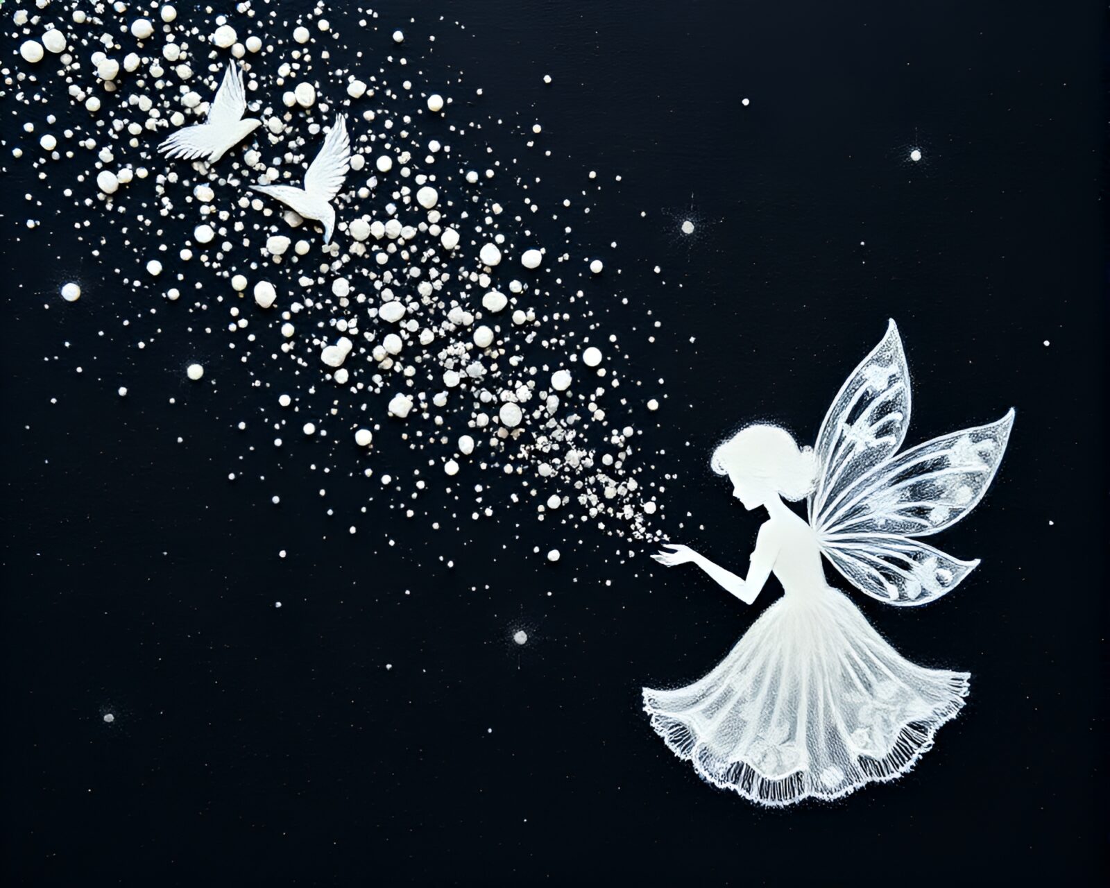 Ethereal fairy surrounded by swirling dust particles in pointillism style painting