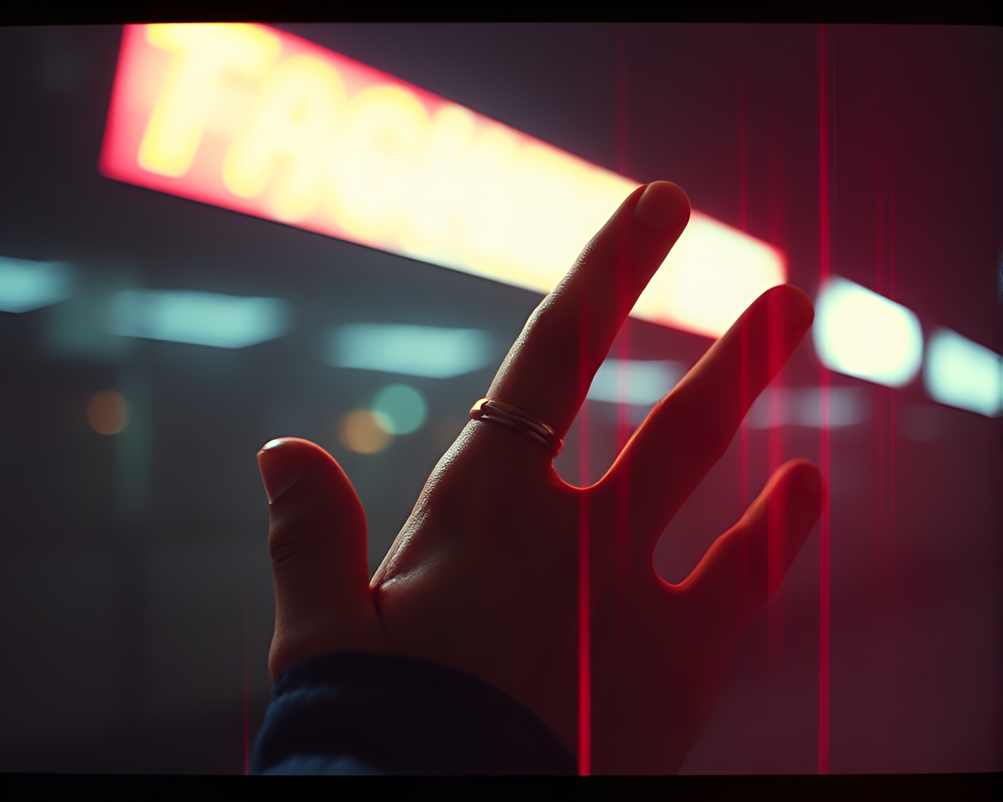 Cybernetic Hand Emits Light Leaks in Cyberpunk Setting – free AI stock image