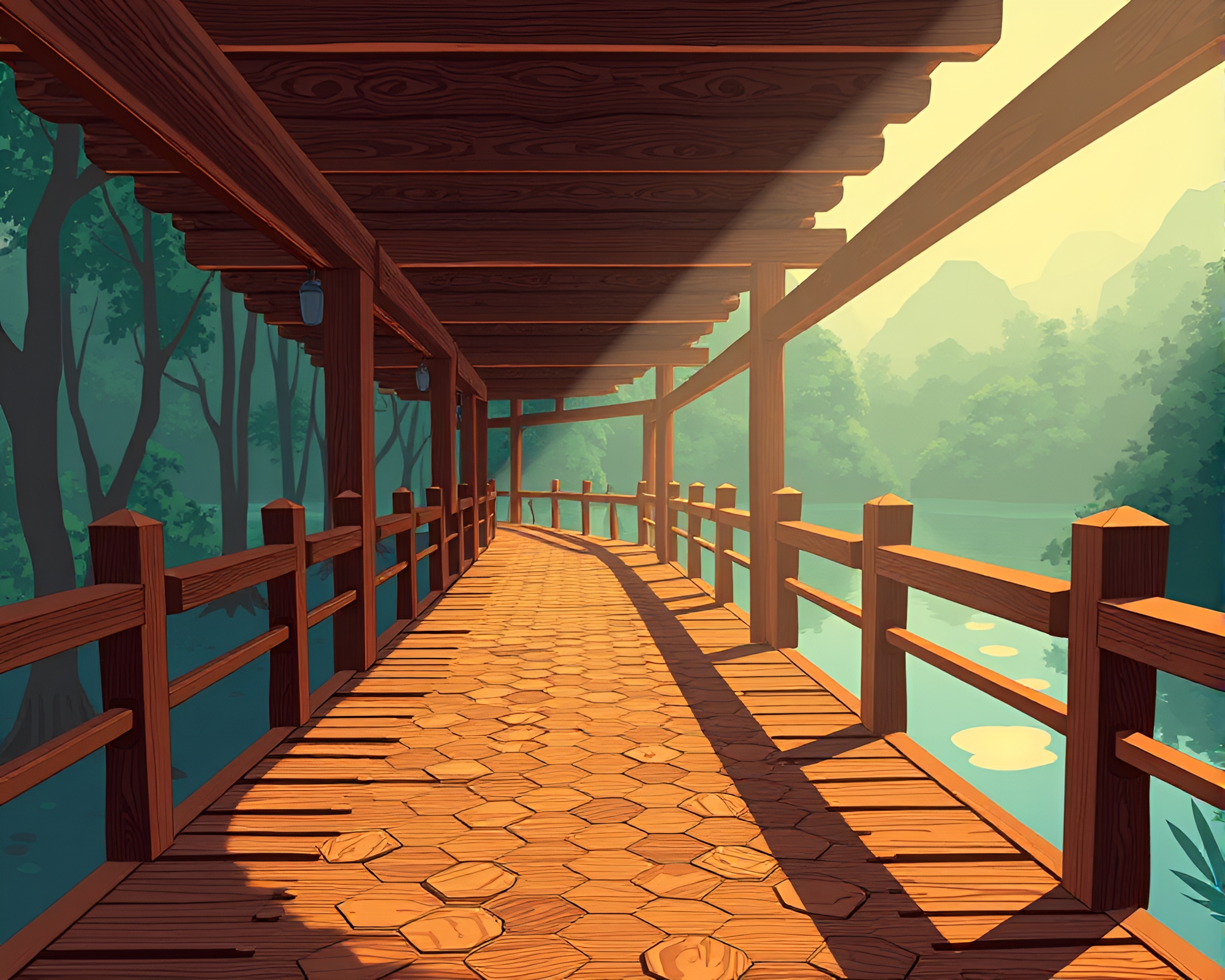 Cartoon wooden bridge over hexagonal waterway – free AI stock image