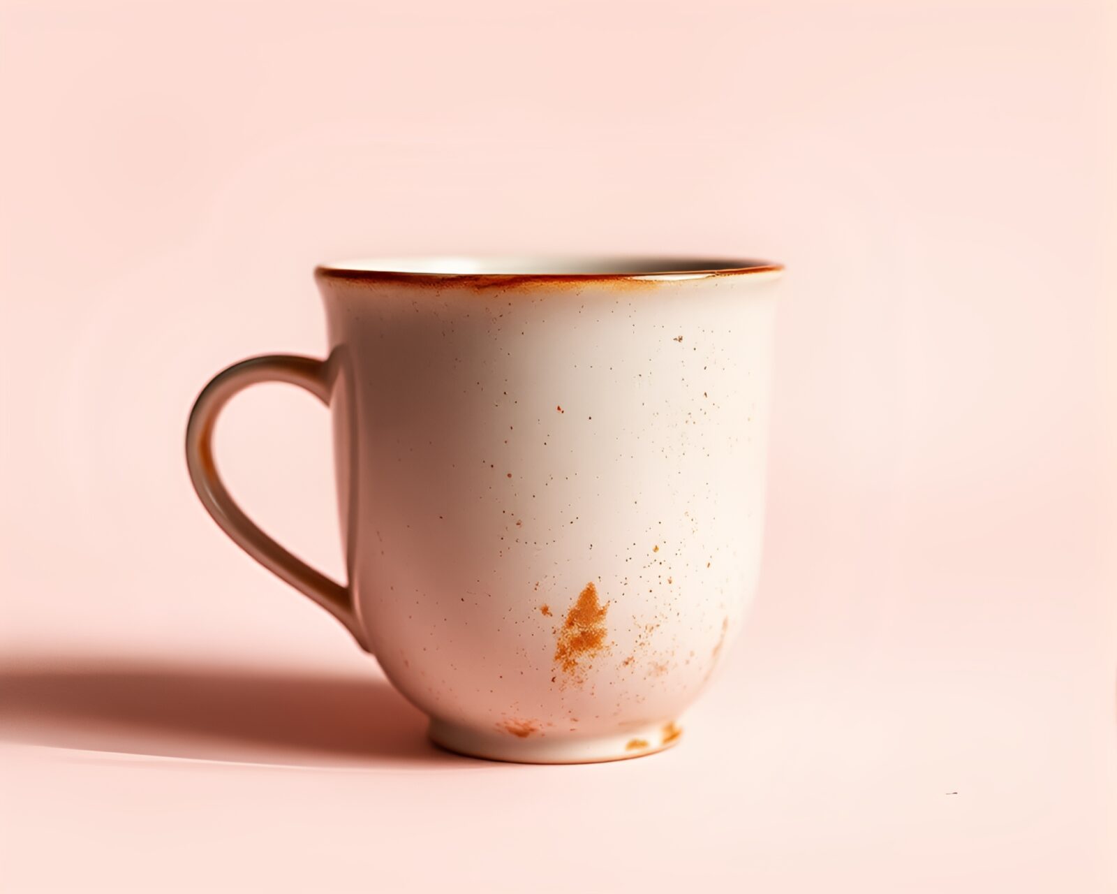 A soft pink light illuminates a rusted coffee cup silhouette.