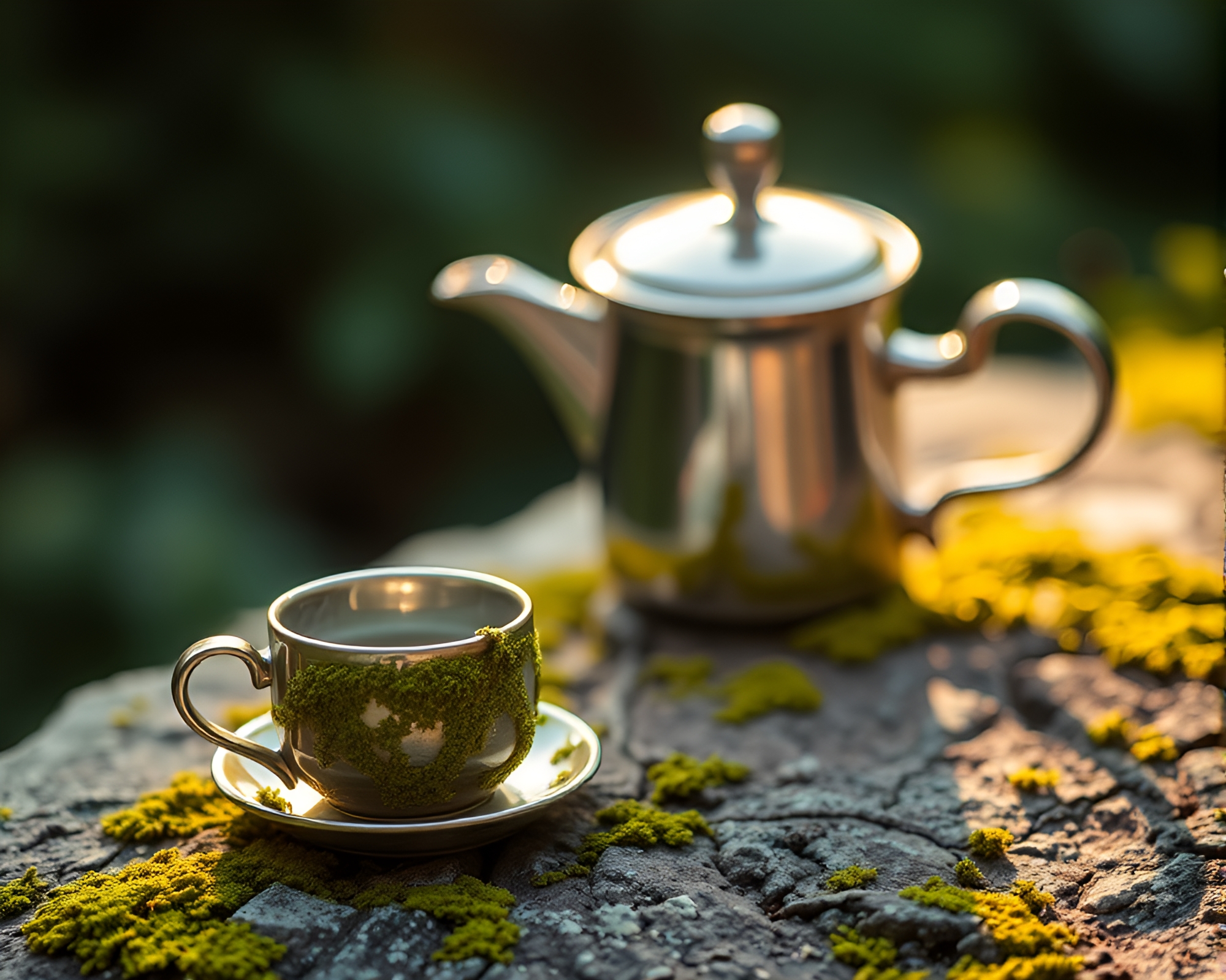 Dreamy Tea Time: Lichen Textures and Miniature Delights – free AI stock image