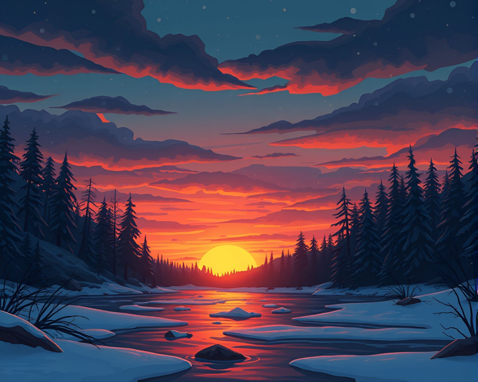 Cartoon illustration of a savage river at polar twilight