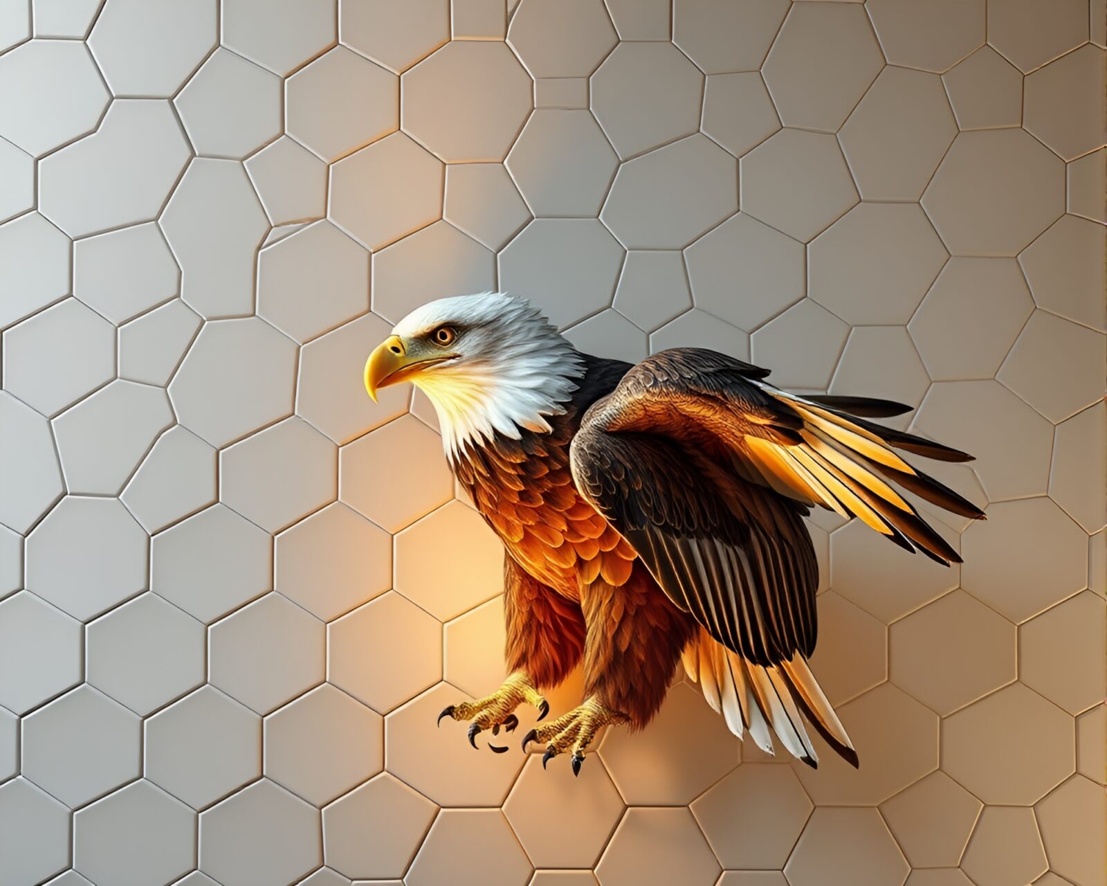 Hexagonal tile floor depicting an eagle under spotlight focus
