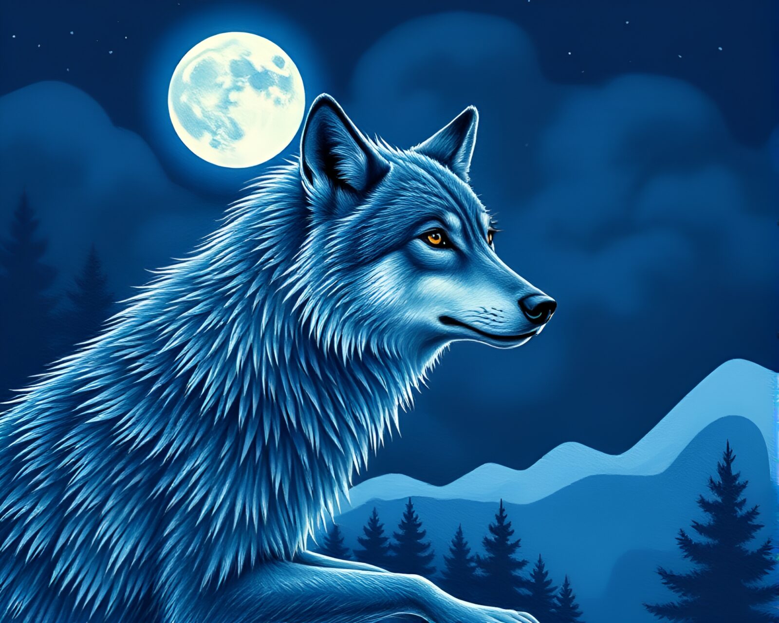 Moonlit wolf center stage in stitched moon pattern.