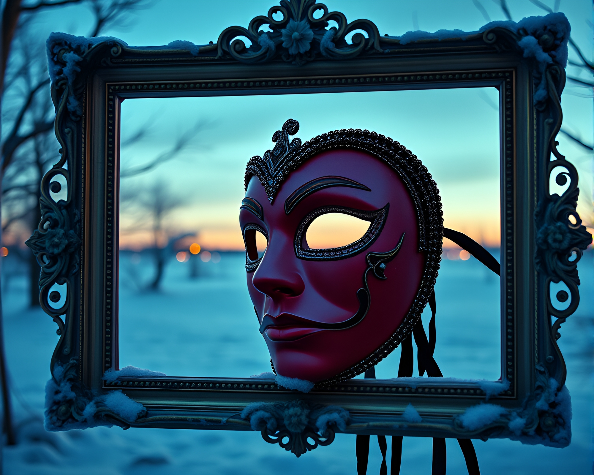 Venetian Mask in Stereoscopic Twilight Frame – free AI stock image