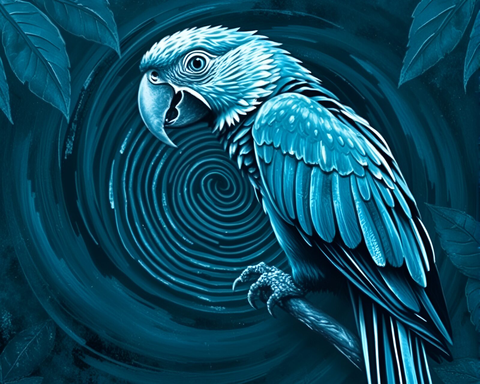 Grisaille monochrome blue painting of a tropical parrot.