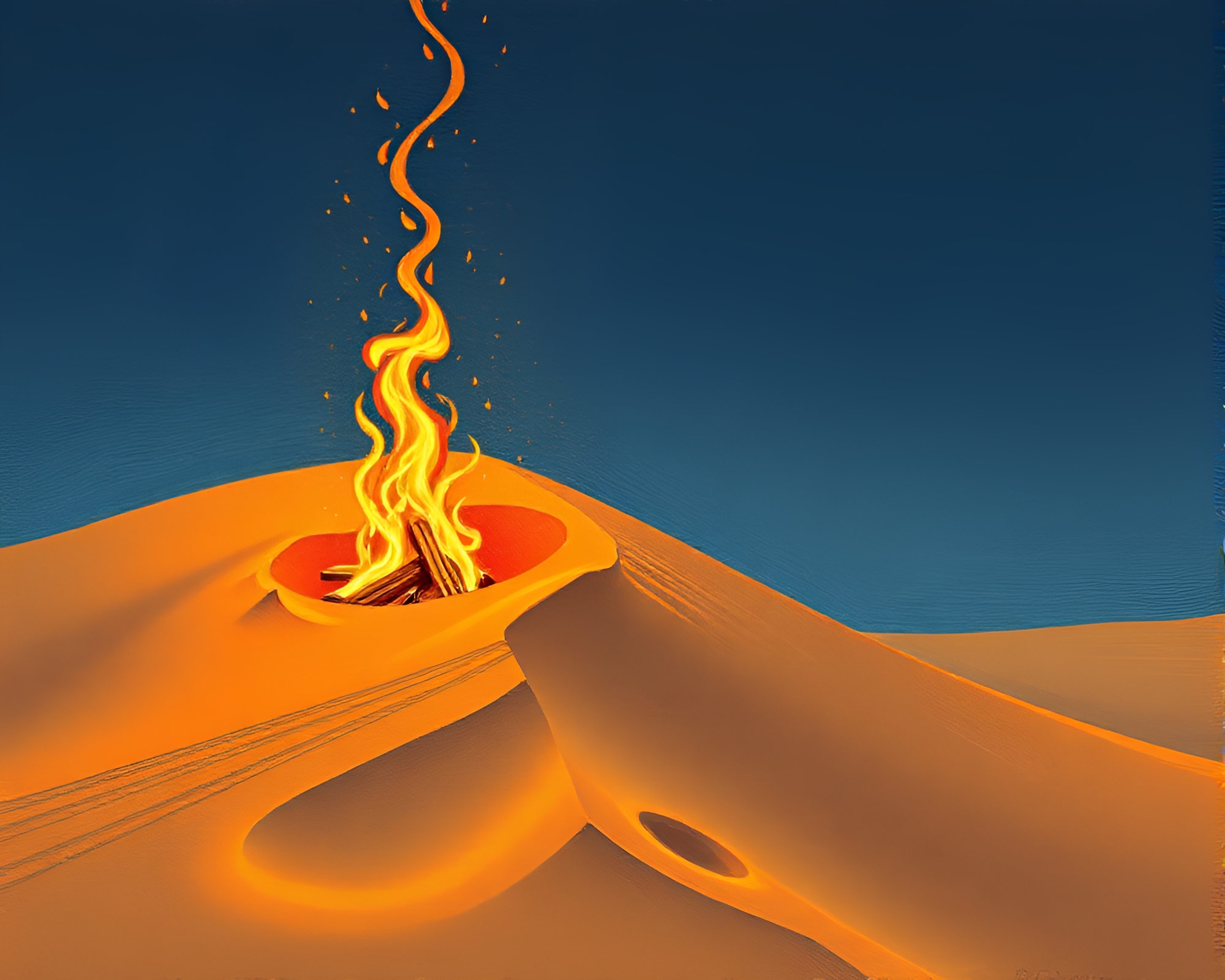 Sands of Time: Embroidered Sunset by the Fireplace – free AI stock image