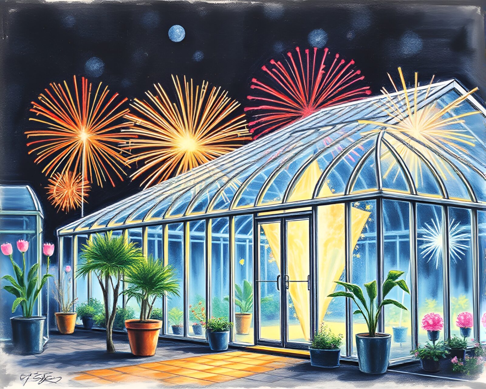 Conté crayon drawing of futuristic greenhouse with fireworks