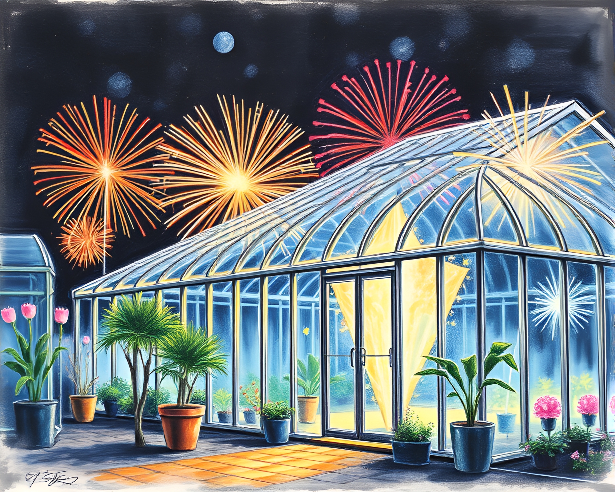 Neon Glass Greenhouse with Fireworks Bursting – free AI stock image