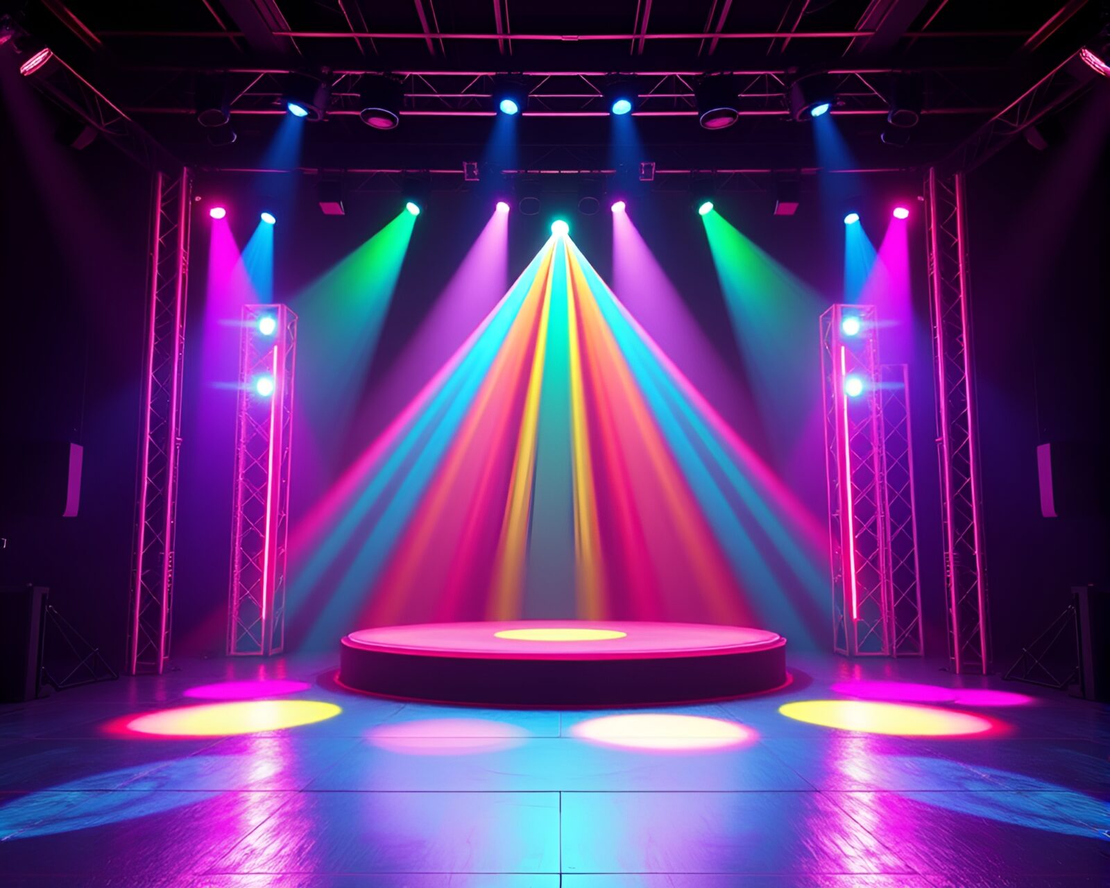 Vibrant low-poly concert stage with neon rainbow lights
