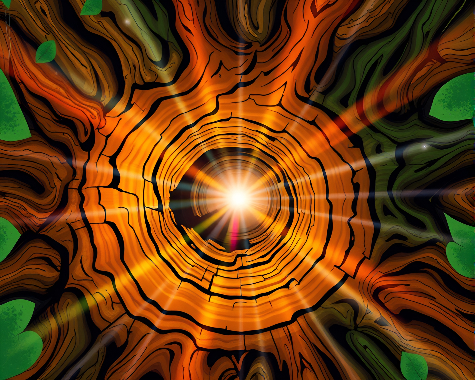 Psychedelic Tree Ring Pattern with Lens Flare Bursts – free AI stock image