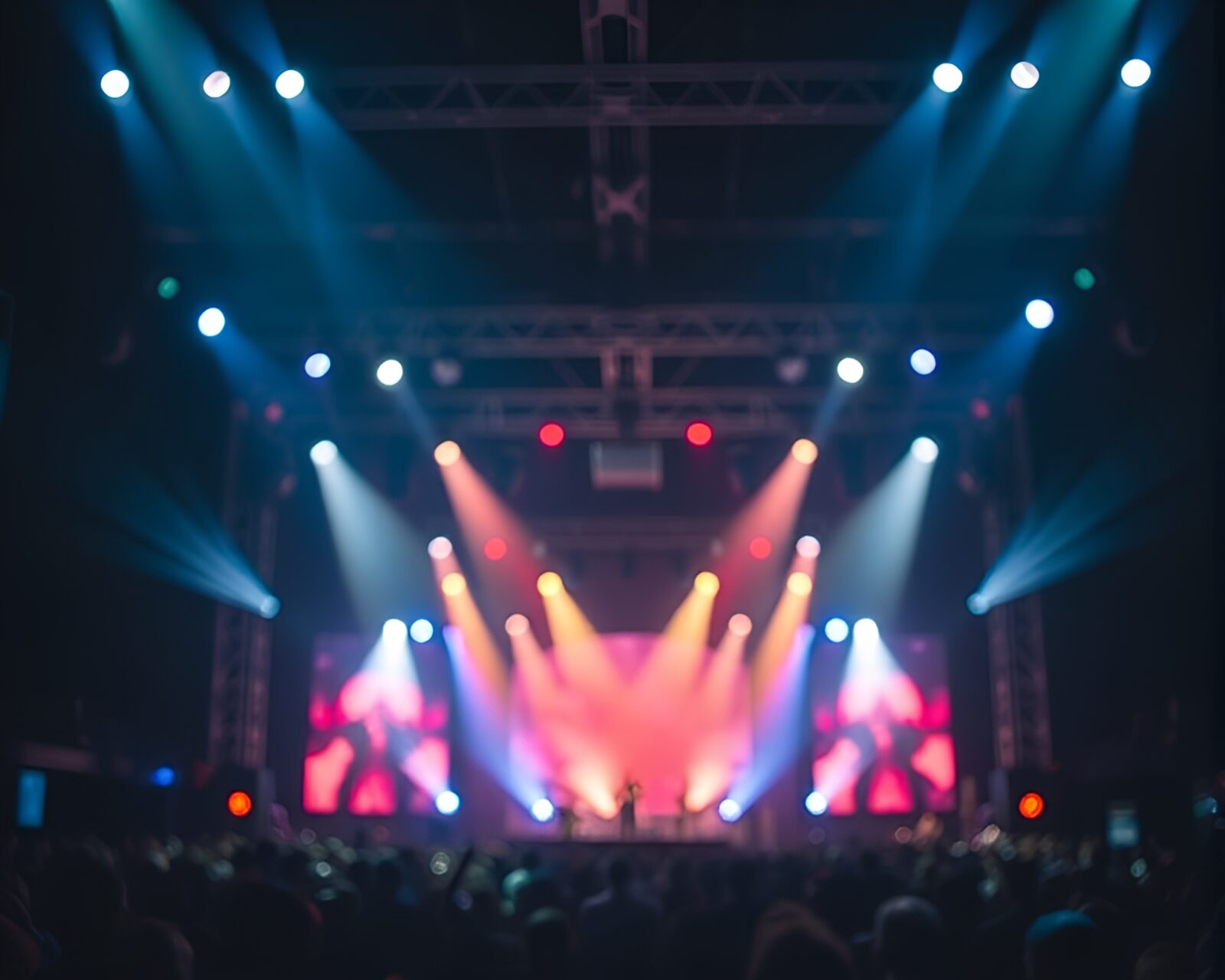 Selective focus on vibrant stage lights illuminating tropical island setting