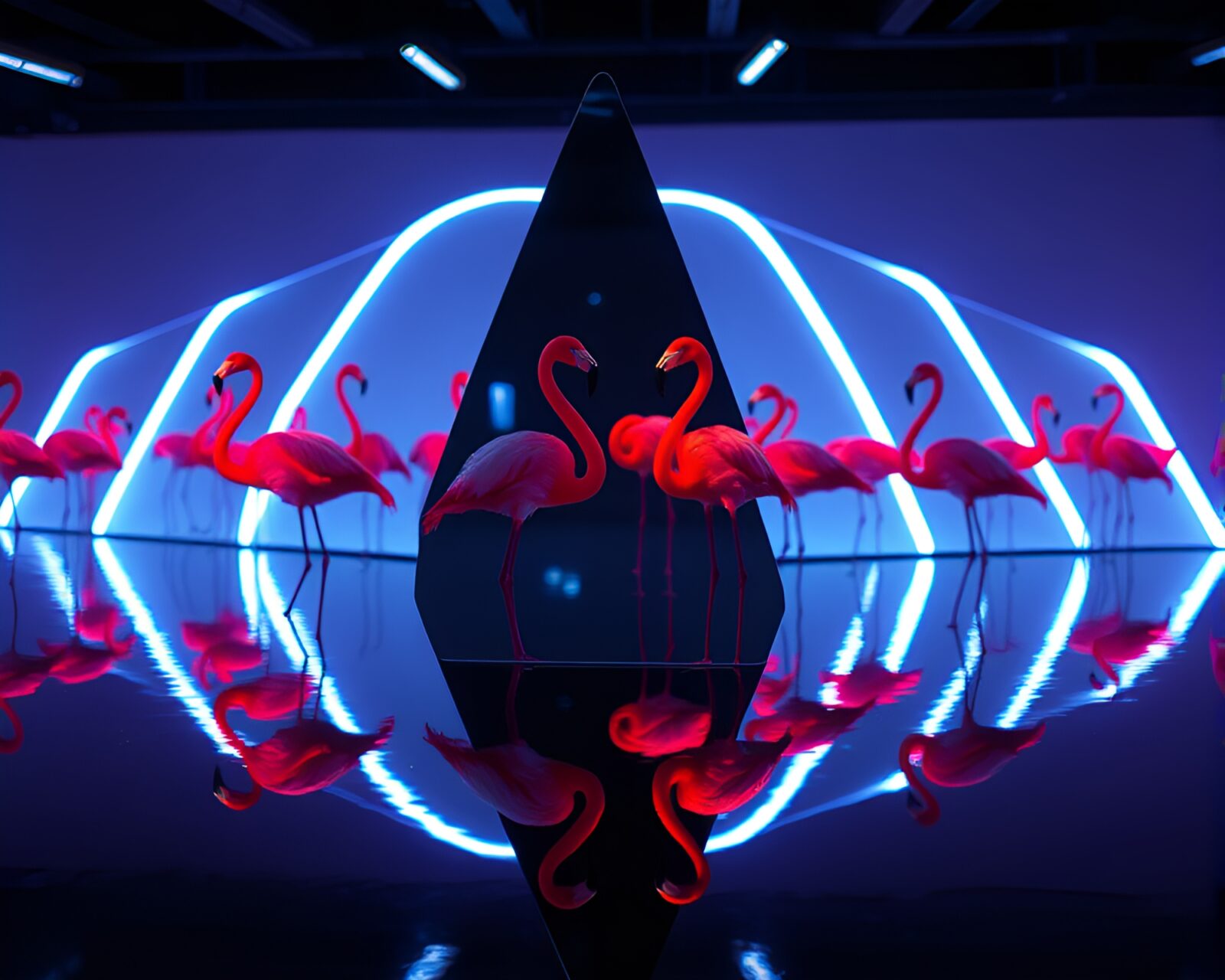 Glowing sapphire-hued flamingo reflection on shattered mirror
